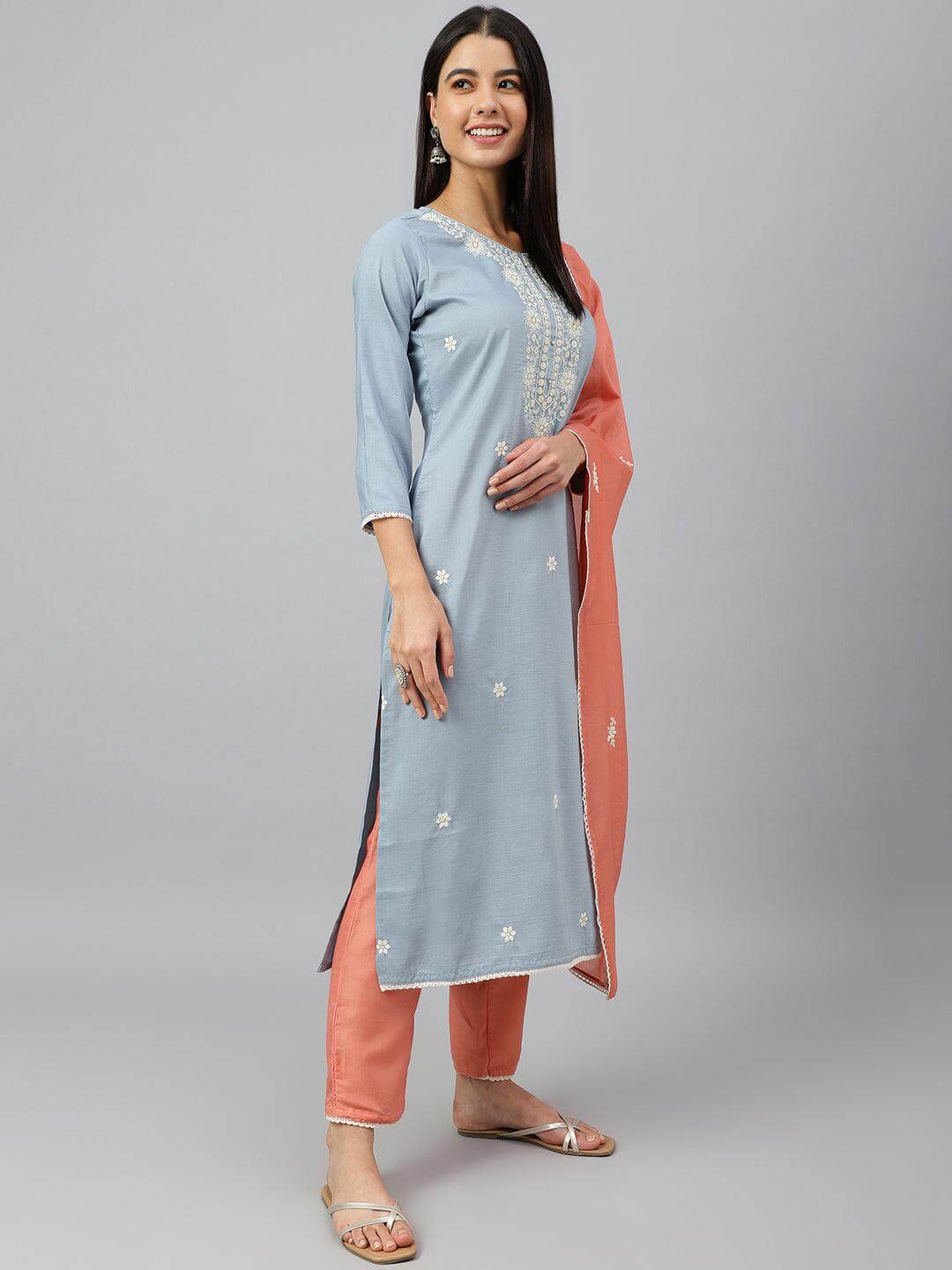 Grey Poly Silk Floral Embroidery Kurta with Pant and Dupatta