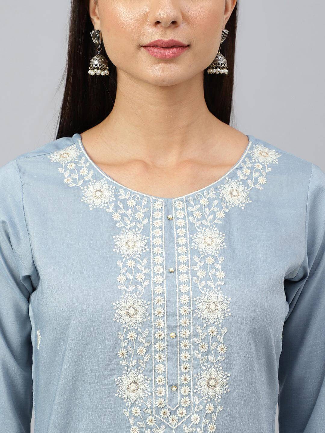 Grey Poly Silk Floral Embroidery Kurta with Pant and Dupatta