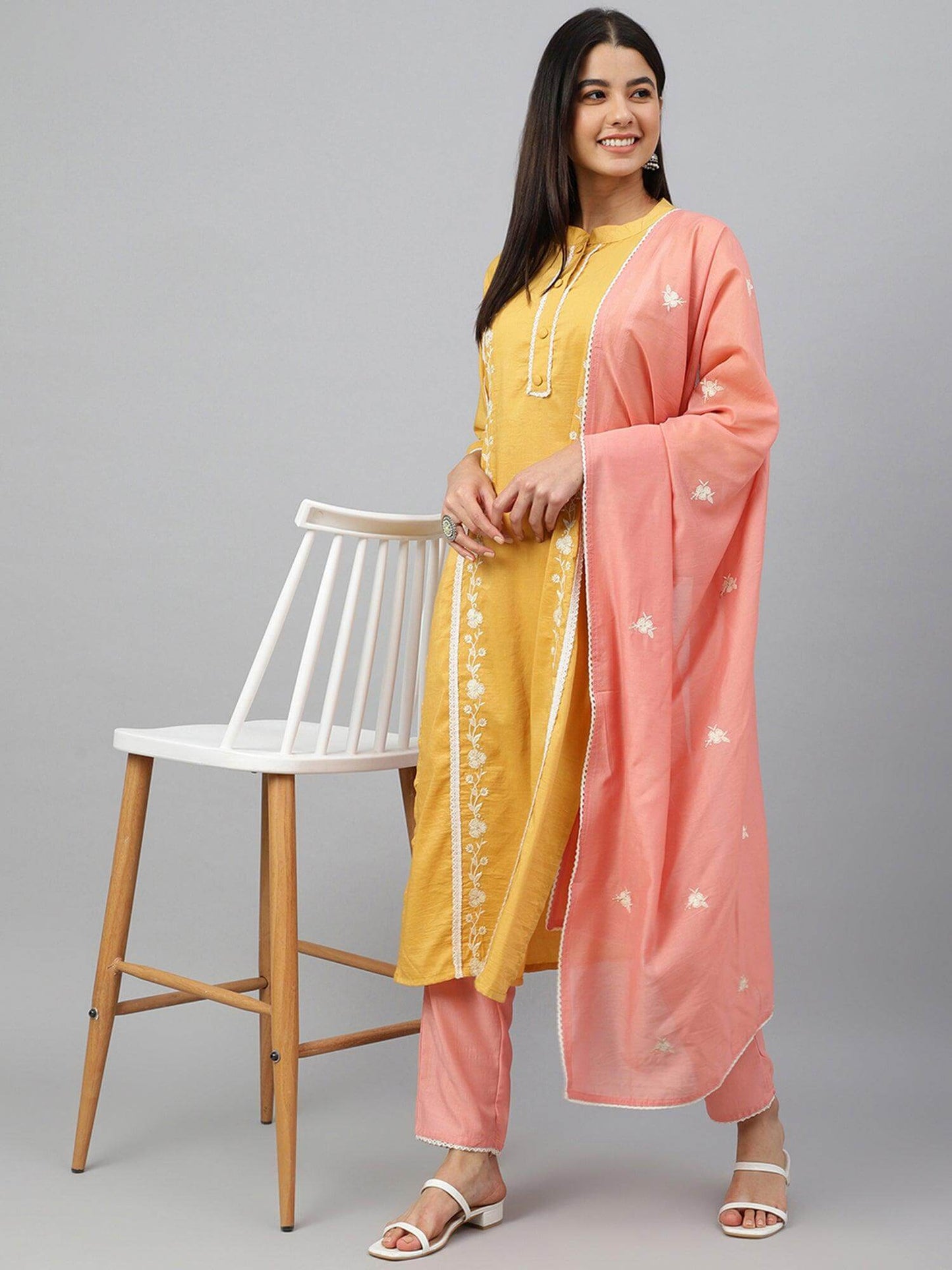 Mustard Poly Silk Floral Embroidery Kurta with Pant and Dupatta