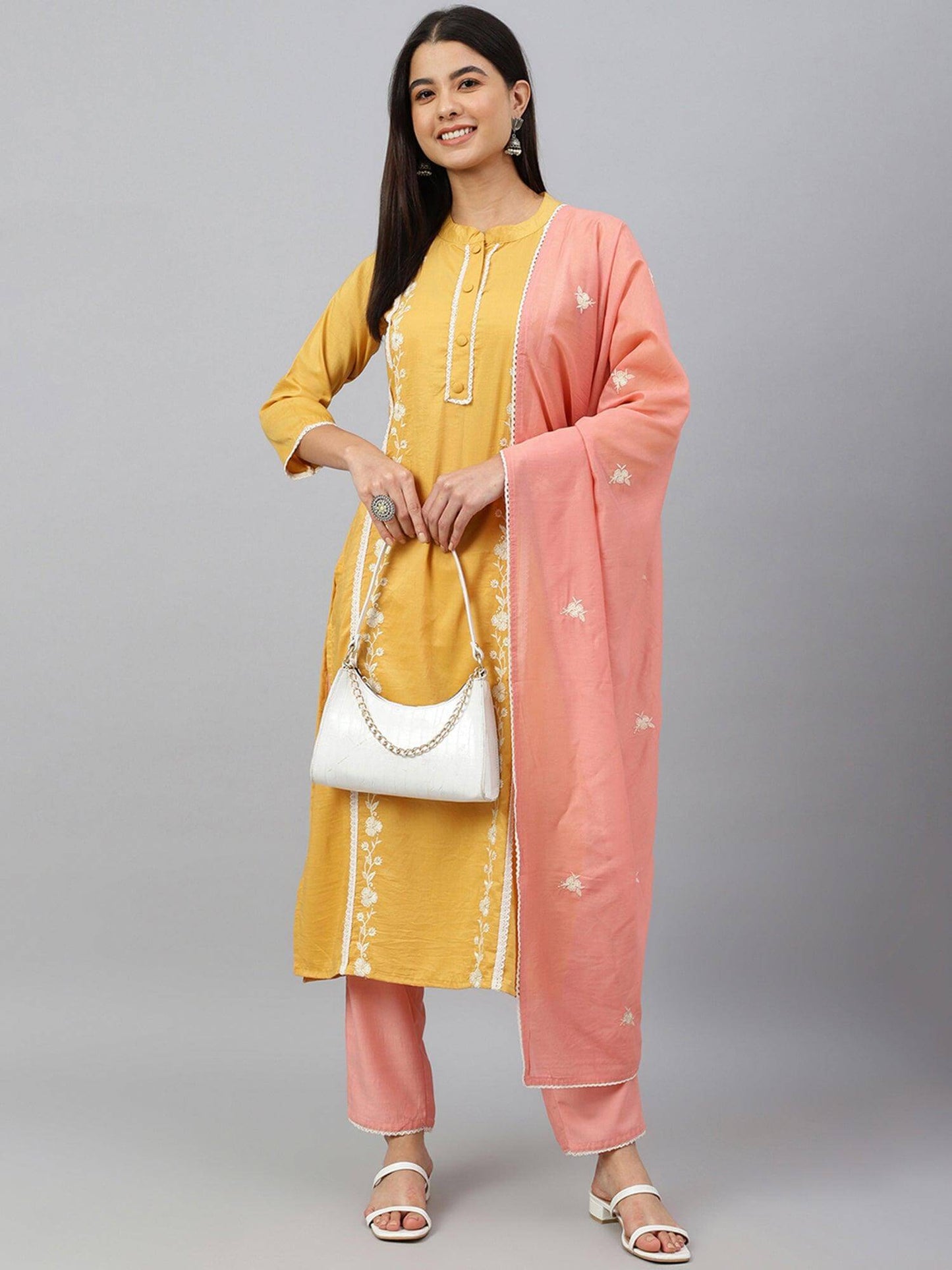 Mustard Poly Silk Floral Embroidery Kurta with Pant and Dupatta