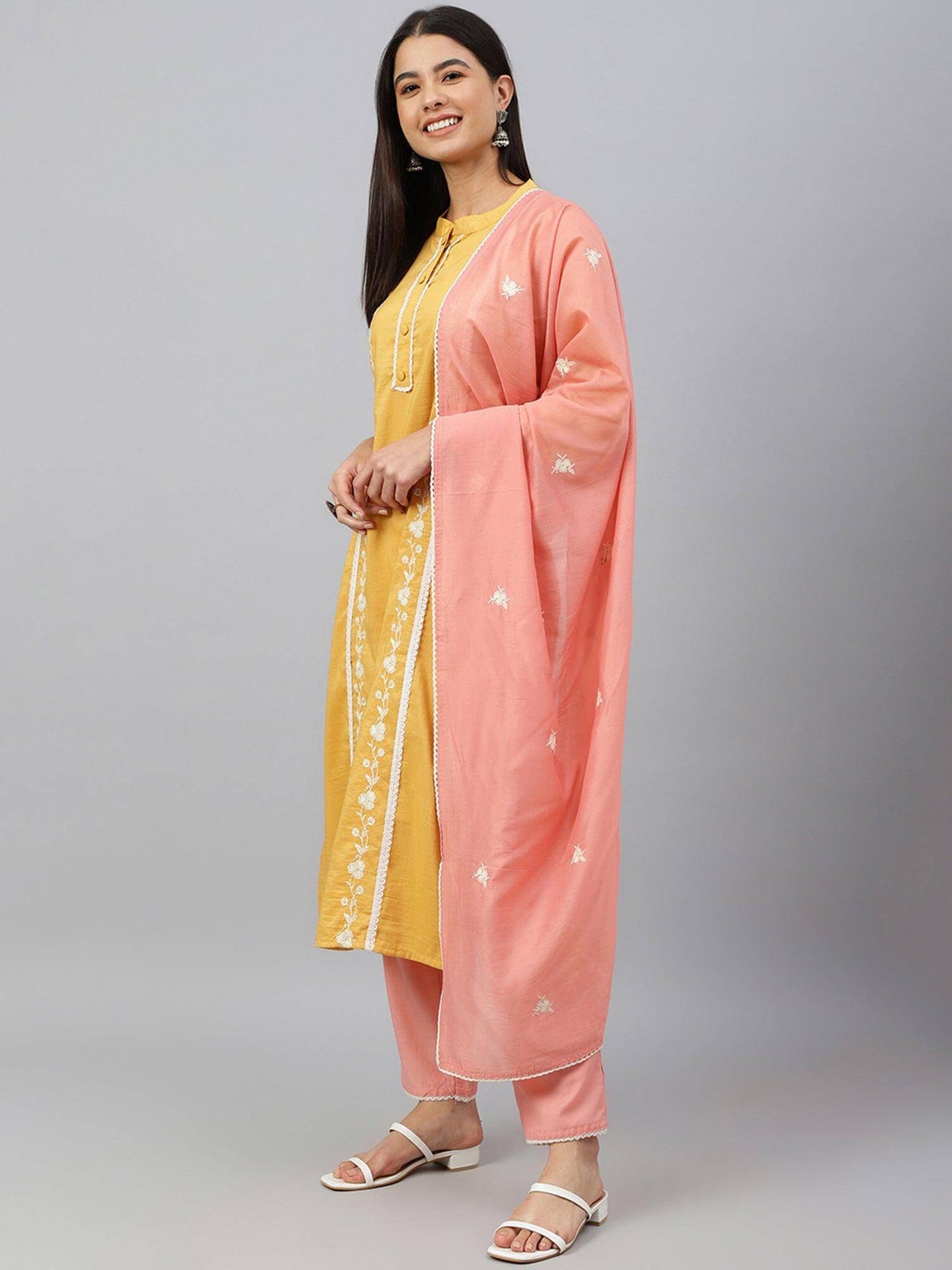 Mustard Poly Silk Floral Embroidery Kurta with Pant and Dupatta