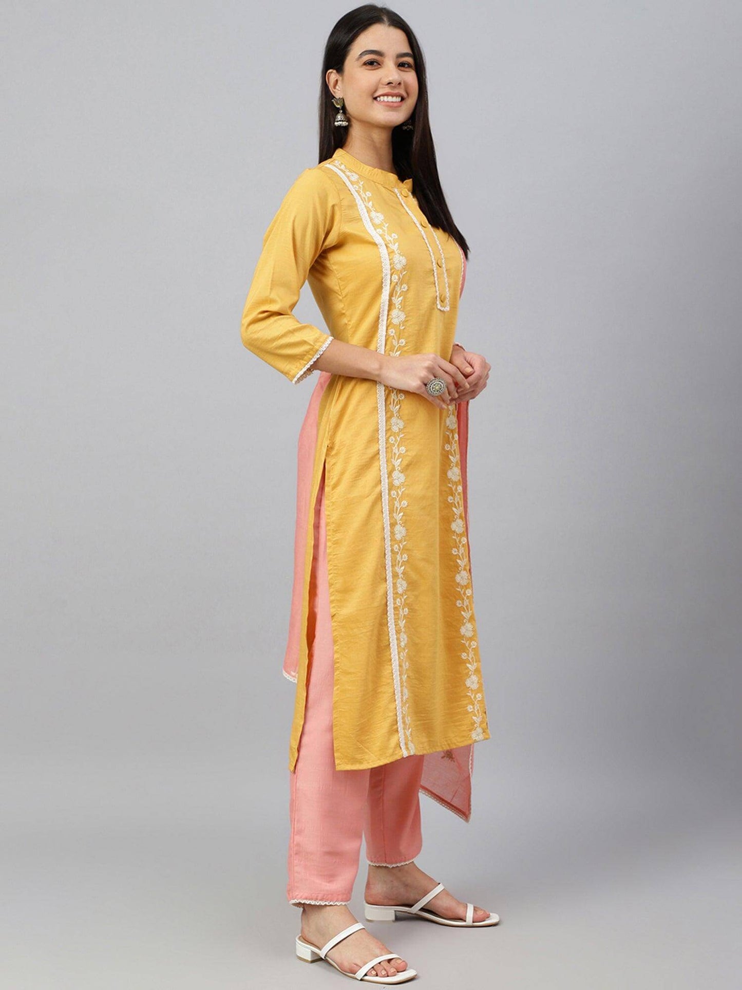 Mustard Poly Silk Floral Embroidery Kurta with Pant and Dupatta