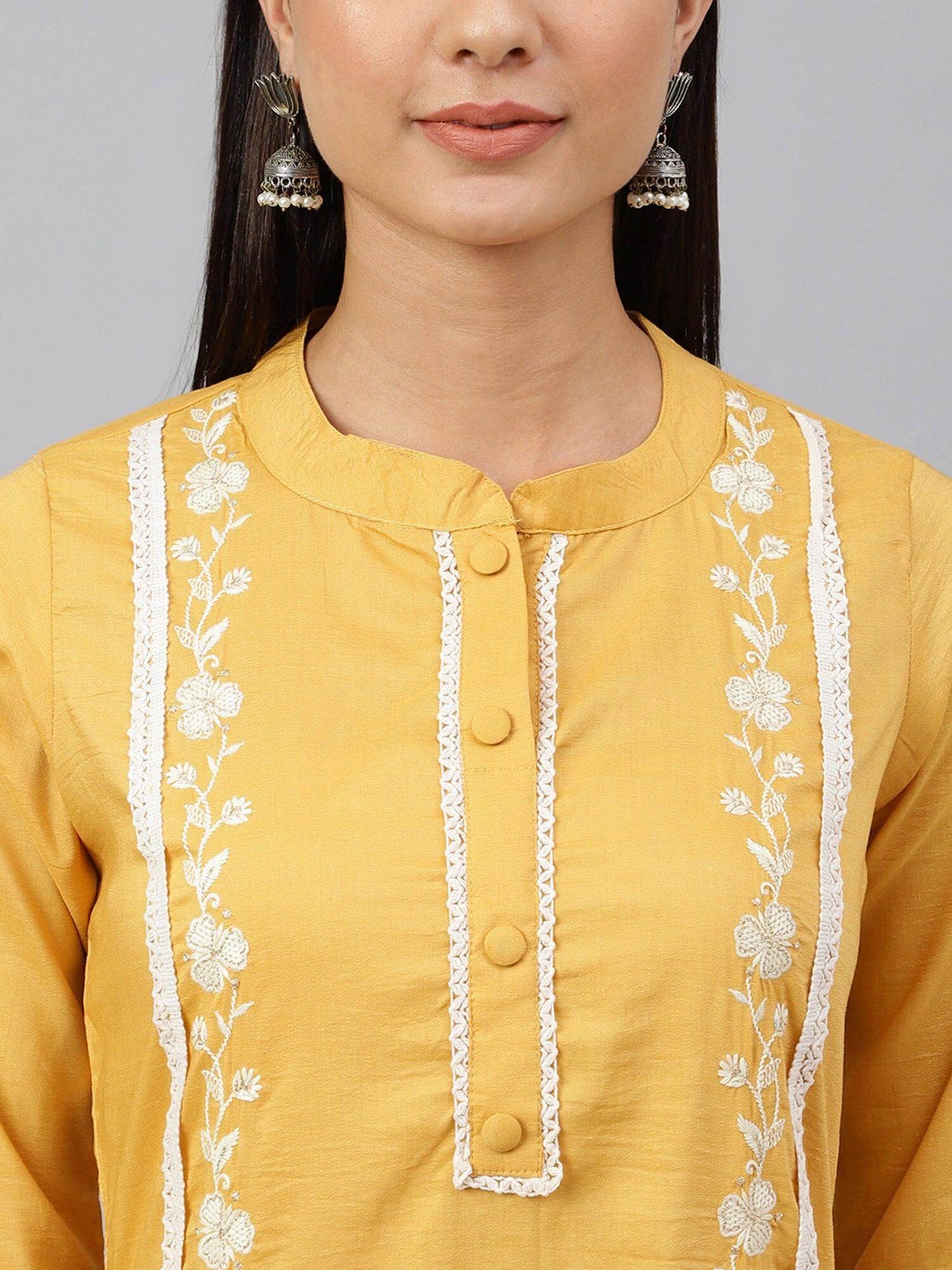 Mustard Poly Silk Floral Embroidery Kurta with Pant and Dupatta