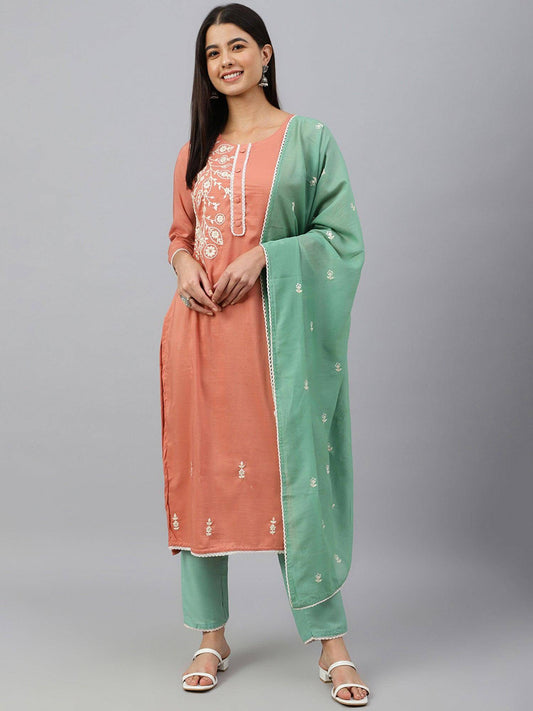 Coral Poly Silk Floral Embroidery Kurta with Pant and Dupatta