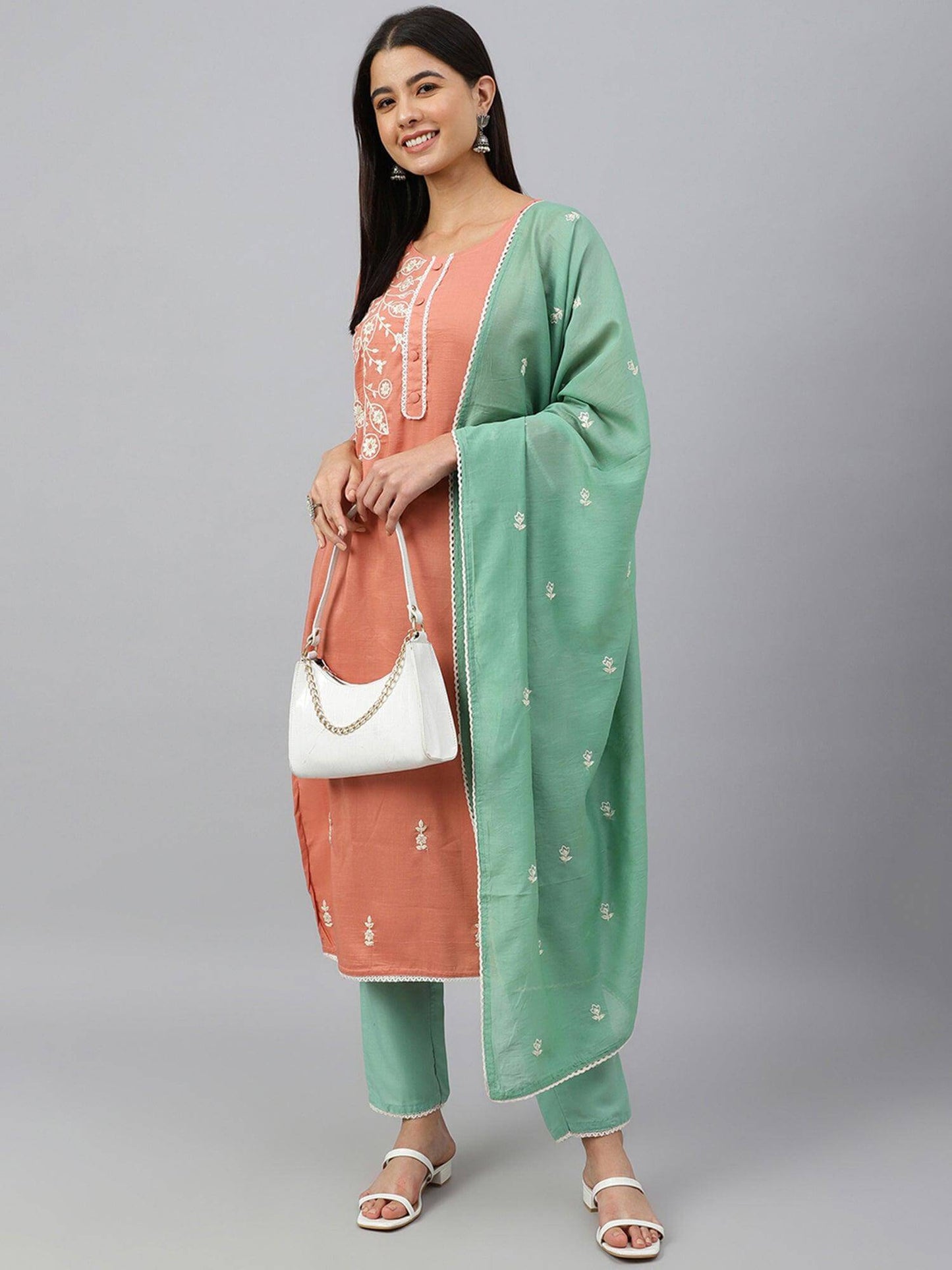 Coral Poly Silk Floral Embroidery Kurta with Pant and Dupatta