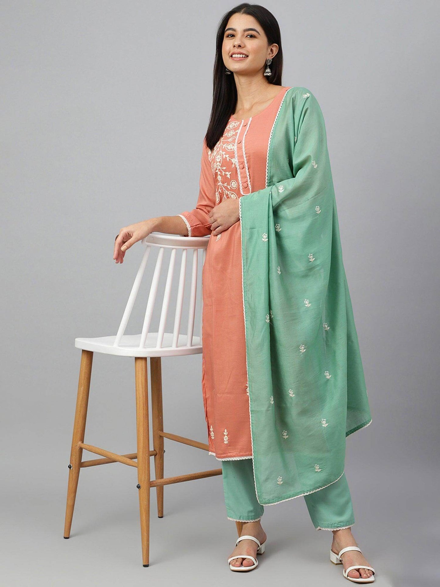 Coral Poly Silk Floral Embroidery Kurta with Pant and Dupatta