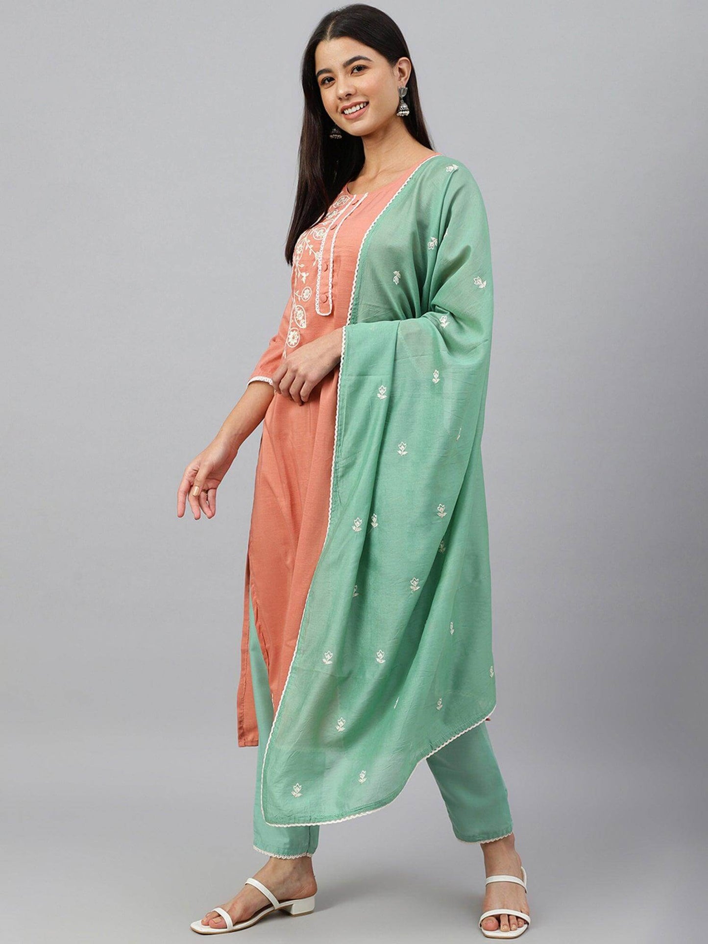 Coral Poly Silk Floral Embroidery Kurta with Pant and Dupatta