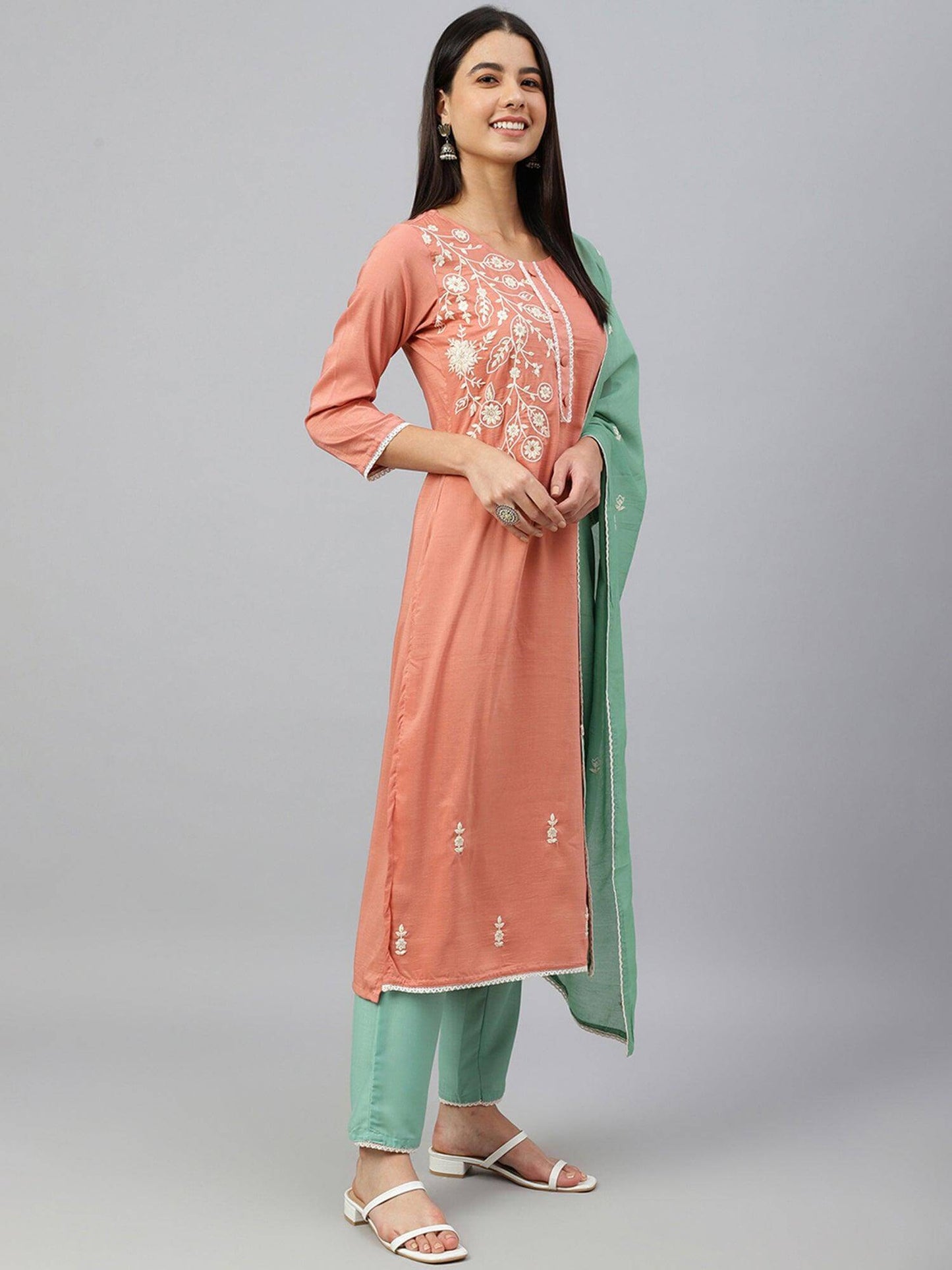 Coral Poly Silk Floral Embroidery Kurta with Pant and Dupatta