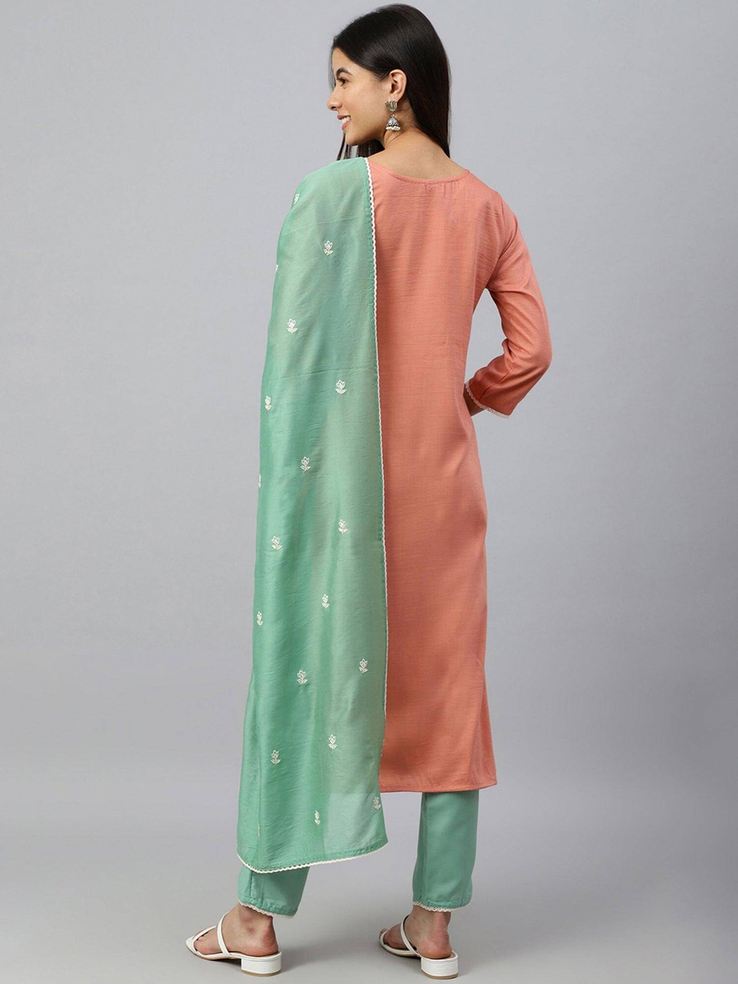 Coral Poly Silk Floral Embroidery Kurta with Pant and Dupatta