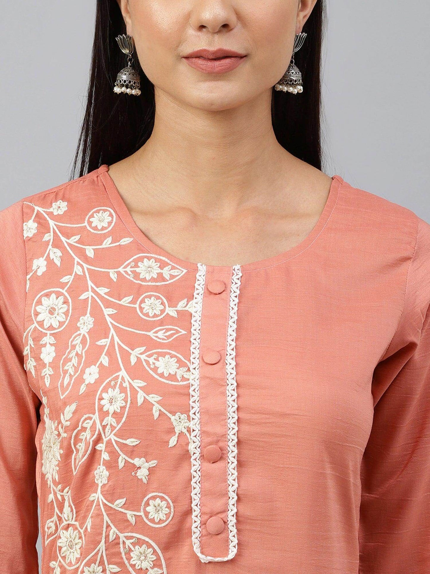 Coral Poly Silk Floral Embroidery Kurta with Pant and Dupatta