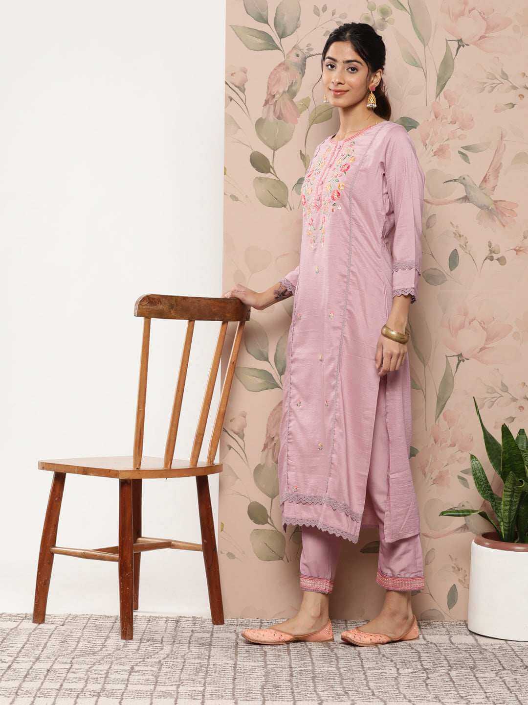 Mauve Poly Silk Floral Embroidery Kurta with Pant and Dupatta