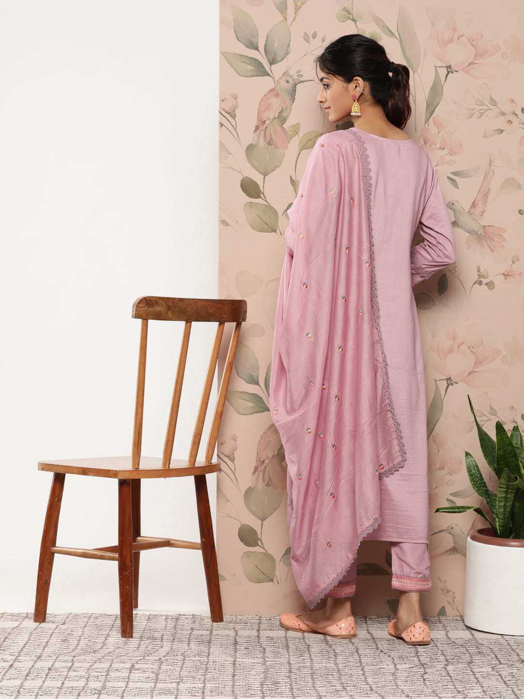 Mauve Poly Silk Floral Embroidery Kurta with Pant and Dupatta