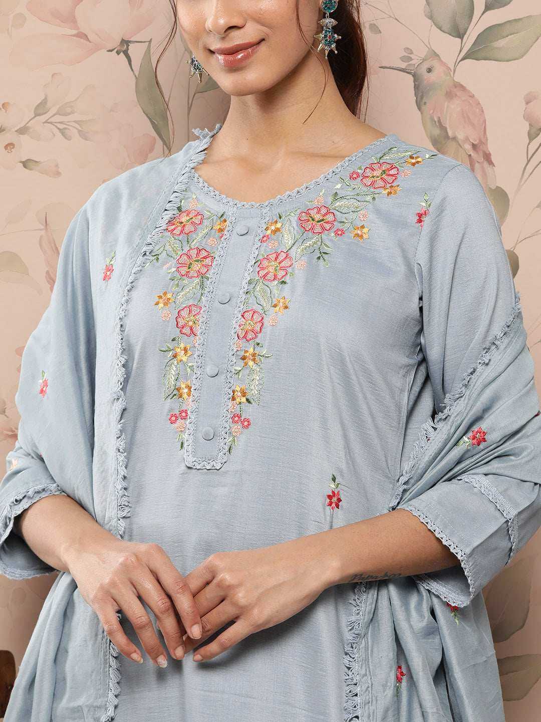 Mint Blue Poly Silk Floral Embroidery Kurta with Pant and Dupatta