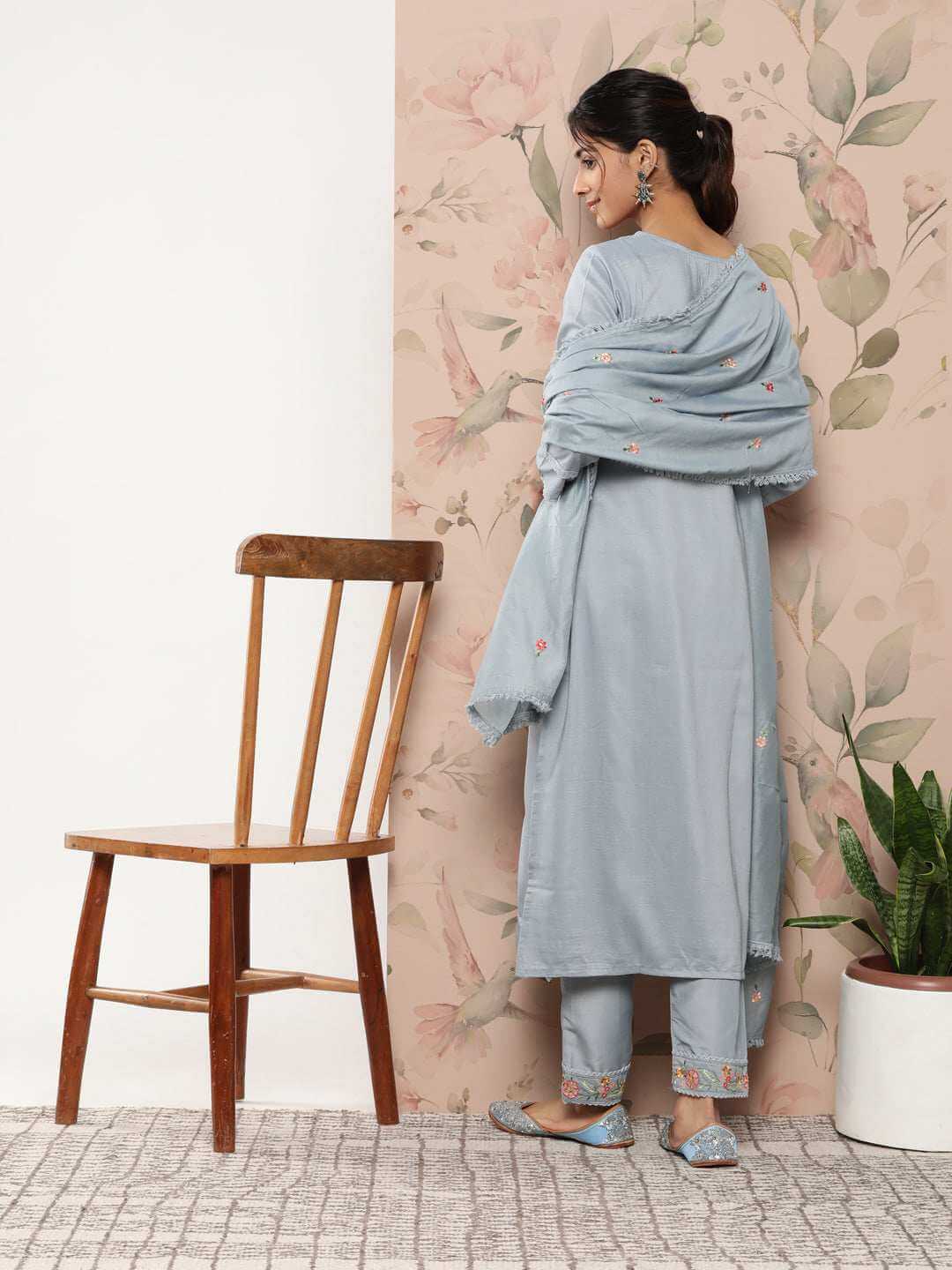 Mint Blue Poly Silk Floral Embroidery Kurta with Pant and Dupatta