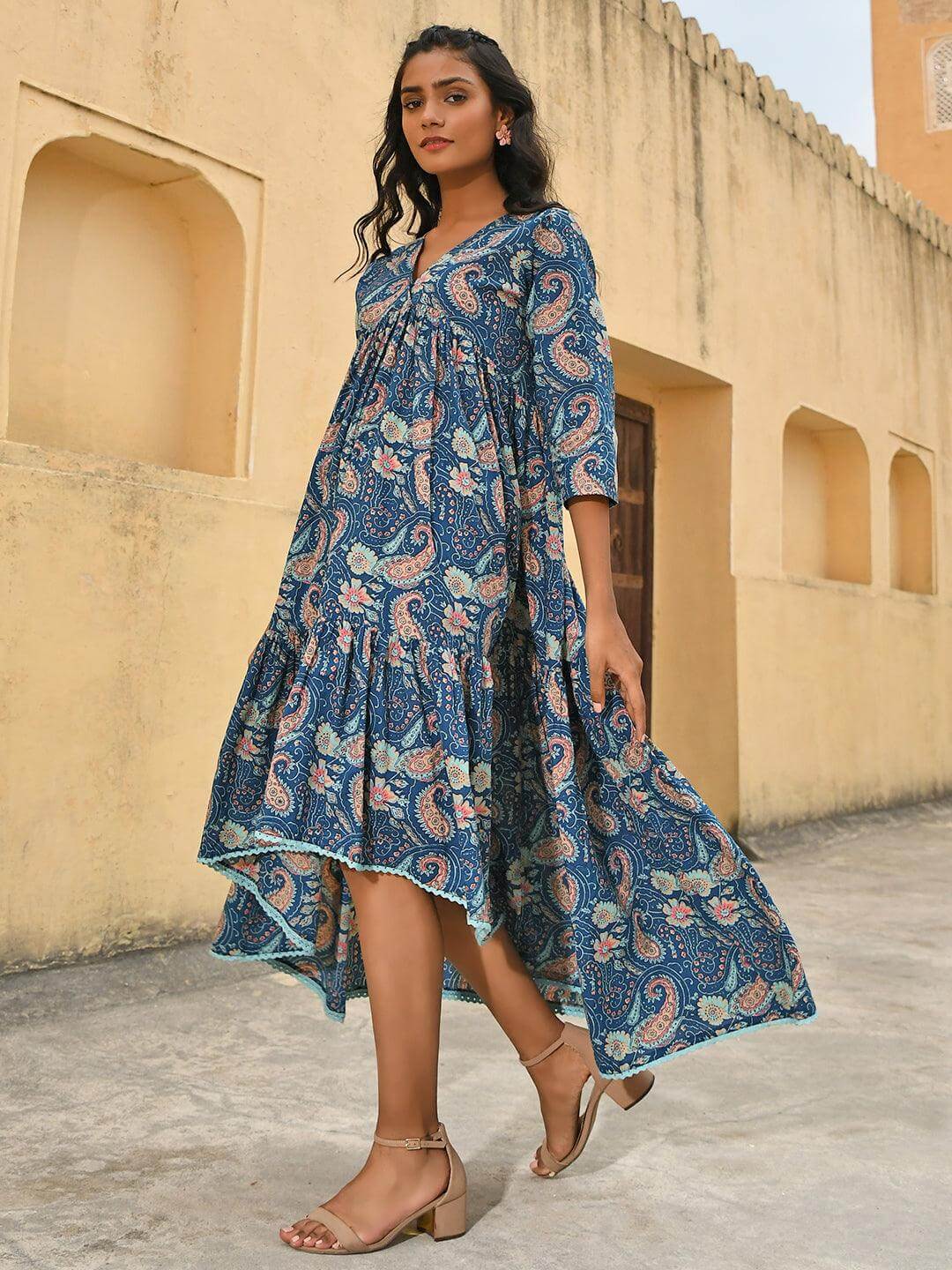 Teal Cotton Floral Print High Low Western Dress