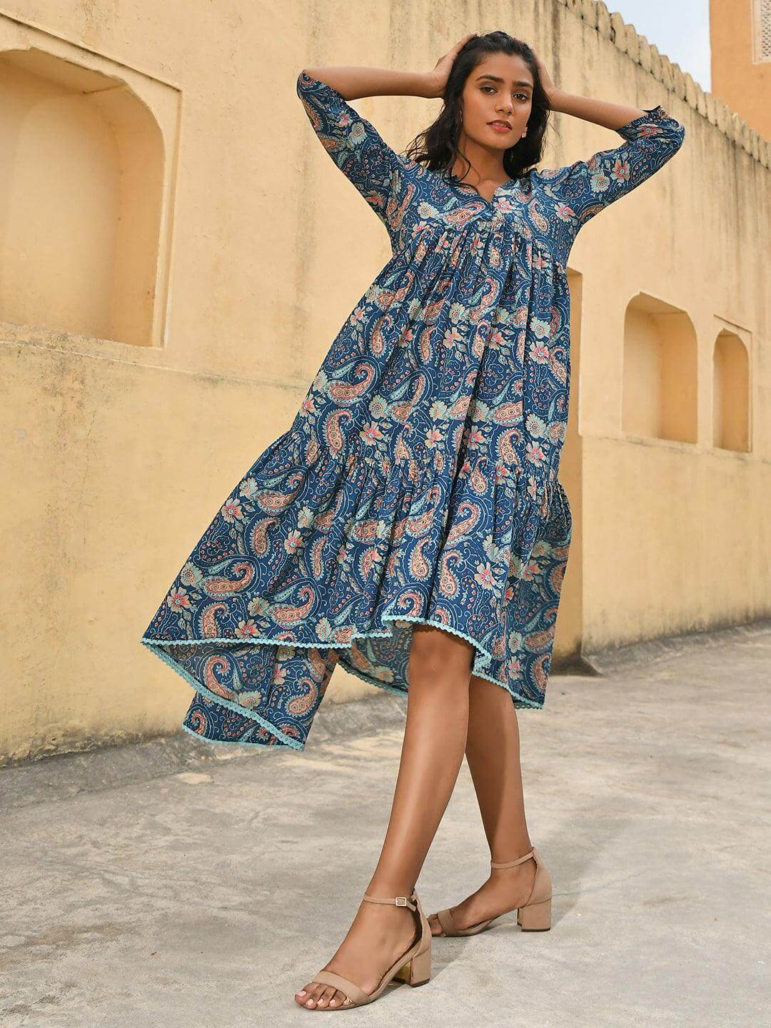 Teal Cotton Floral Print High Low Western Dress