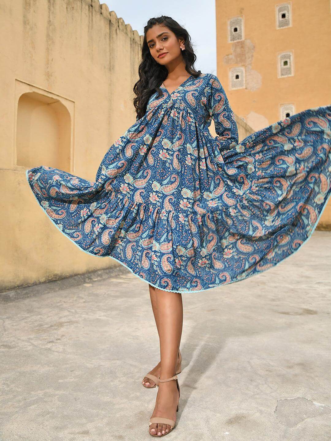 Teal Cotton Floral Print High Low Western Dress