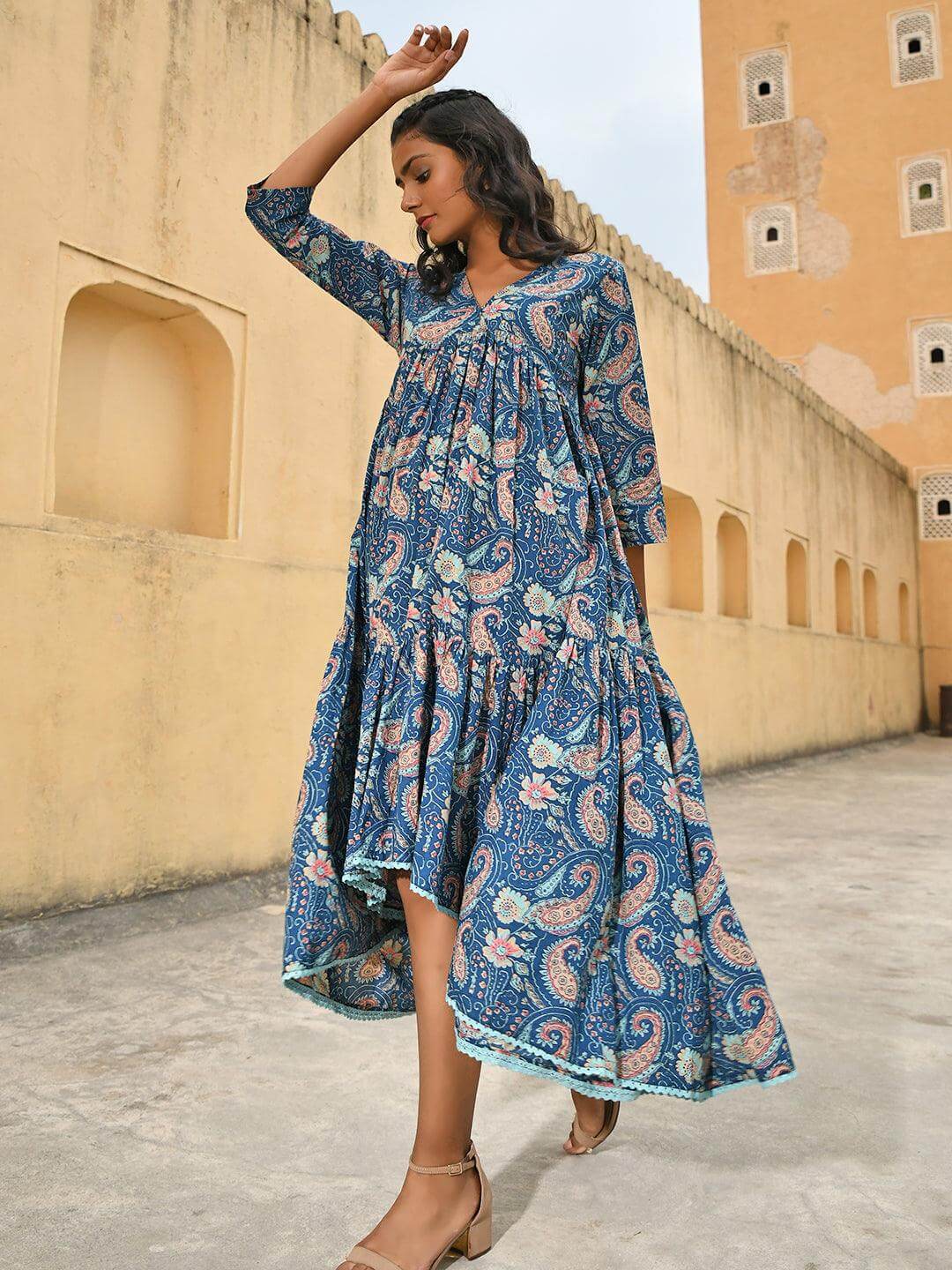 Teal Cotton Floral Print High Low Western Dress