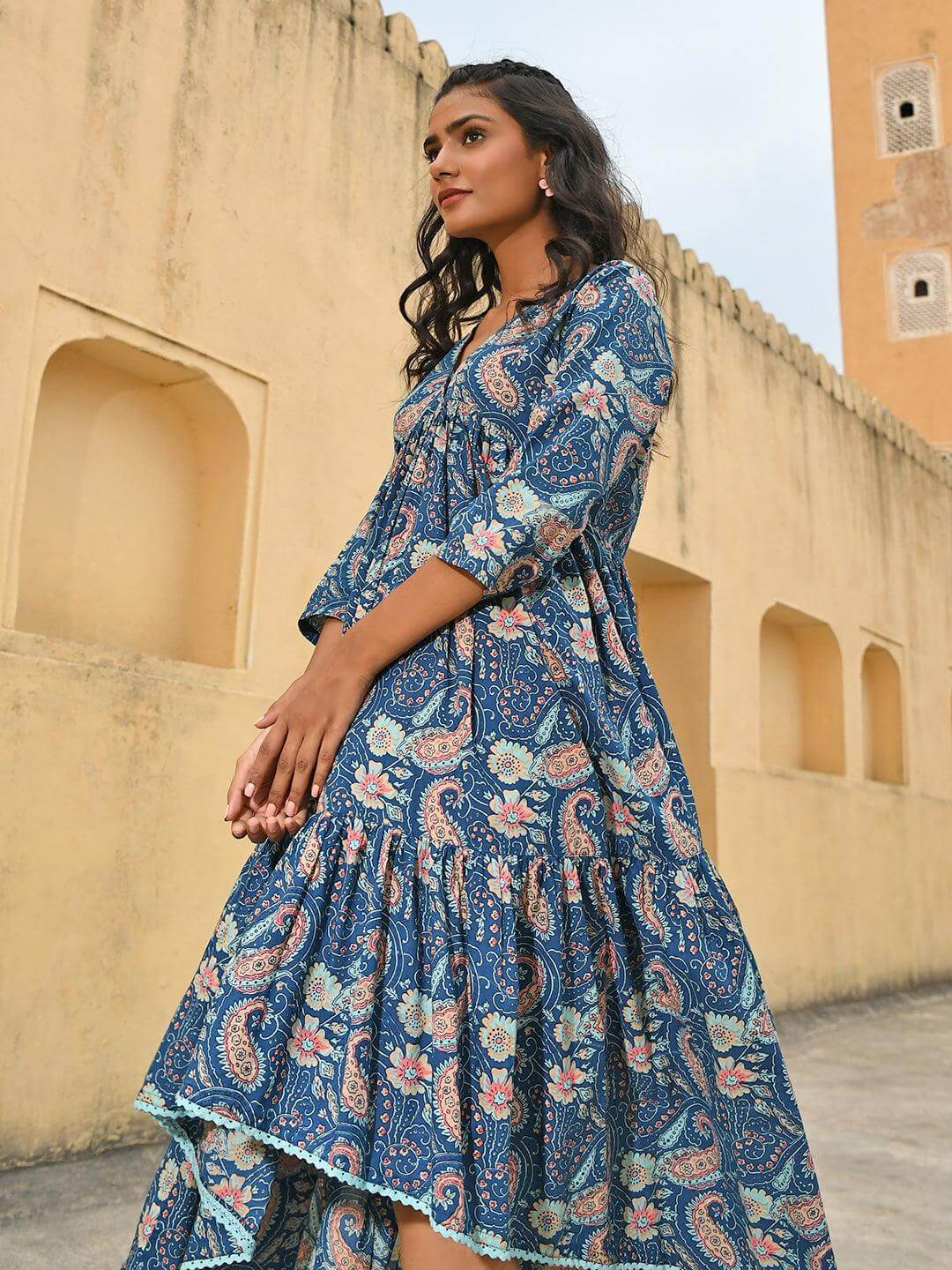Teal Cotton Floral Print High Low Western Dress