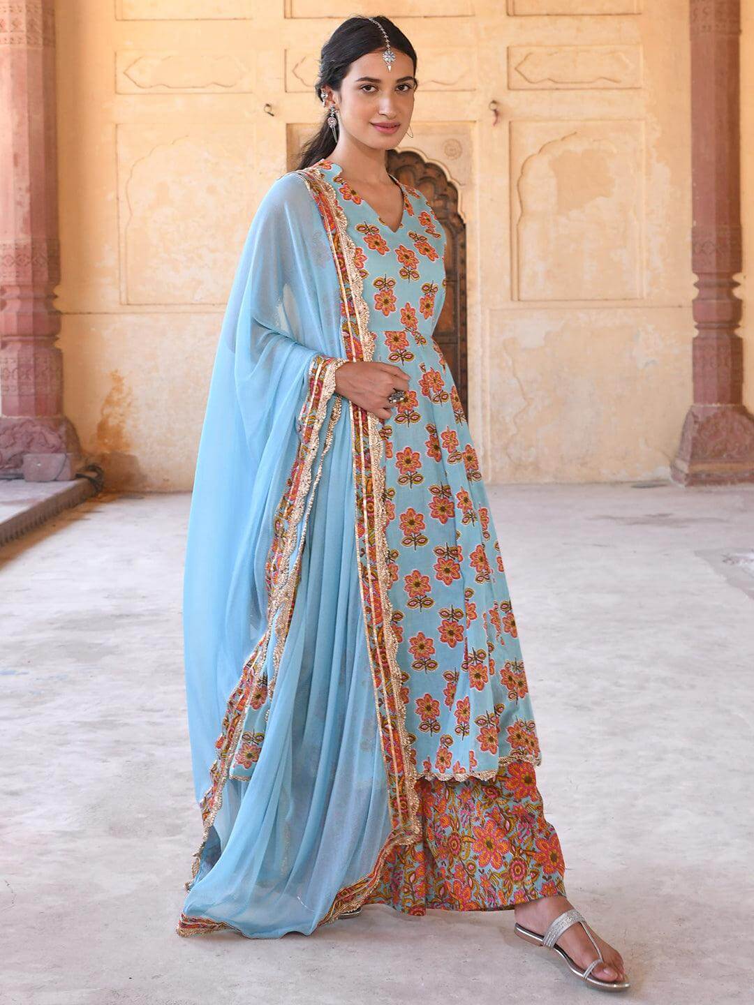 Mint Blue Cotton Floral Print Kurta with Palazzo and Dupatta
