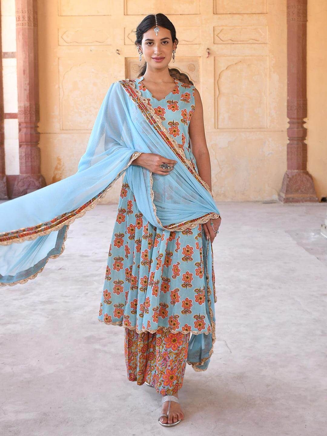 Mint Blue Cotton Floral Print Kurta with Palazzo and Dupatta