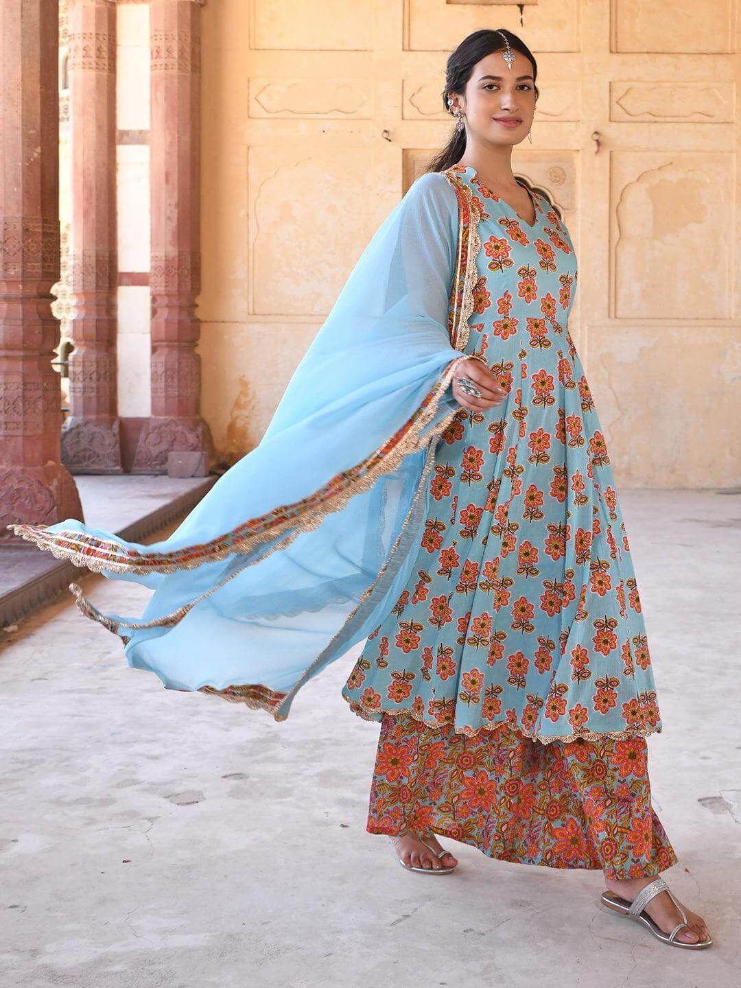 Mint Blue Cotton Floral Print Kurta with Palazzo and Dupatta