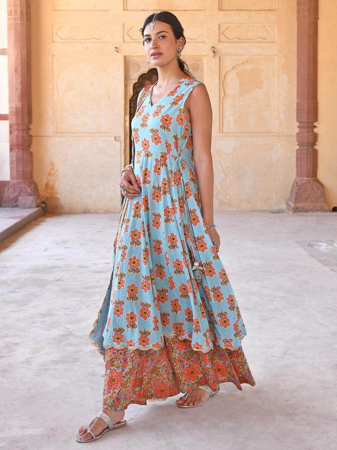 Mint Blue Cotton Floral Print Kurta with Palazzo and Dupatta