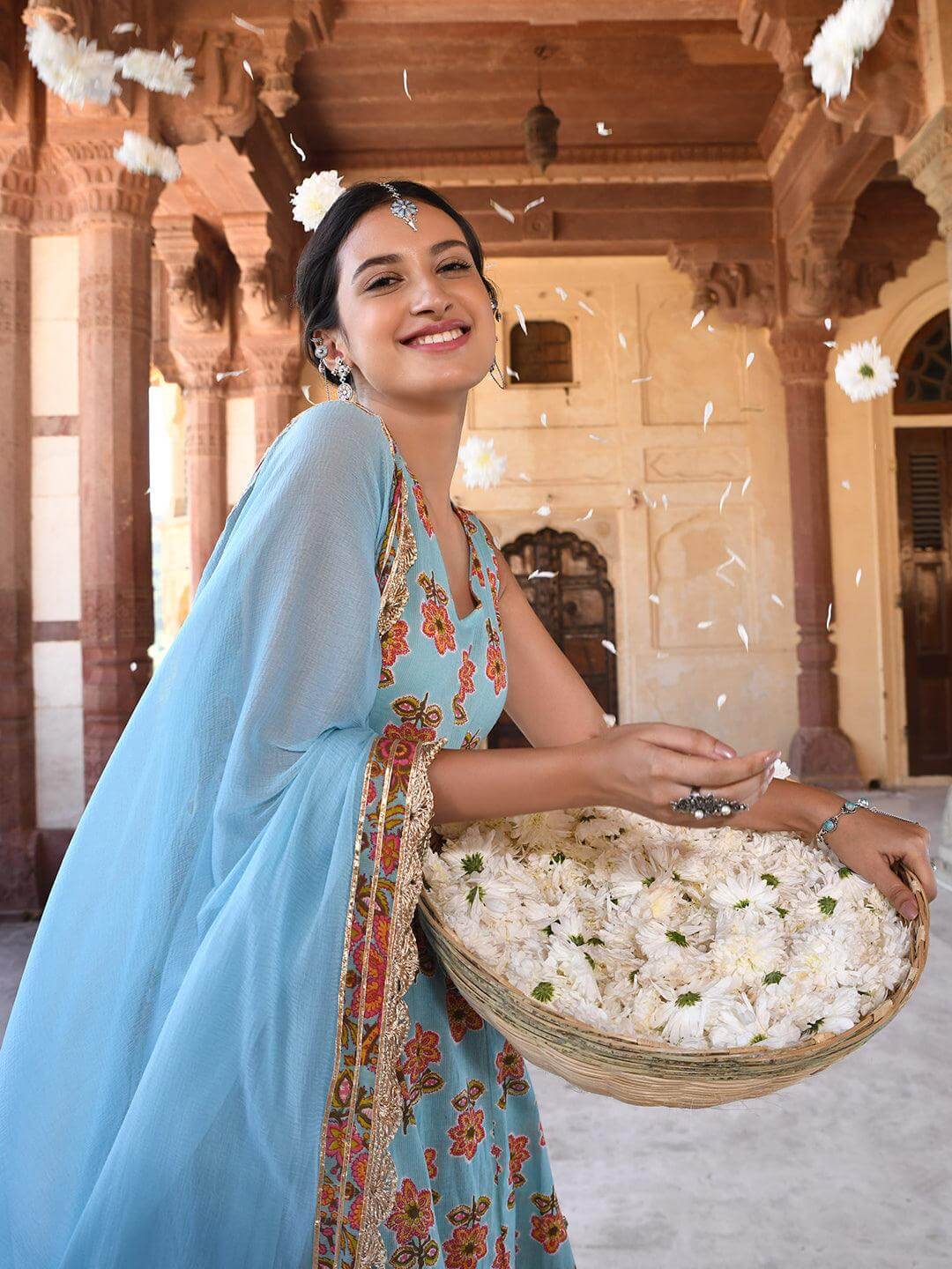 Mint Blue Cotton Floral Print Kurta with Palazzo and Dupatta