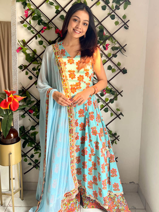 Mint Blue Cotton Floral Print Kurta with Palazzo and Dupatta