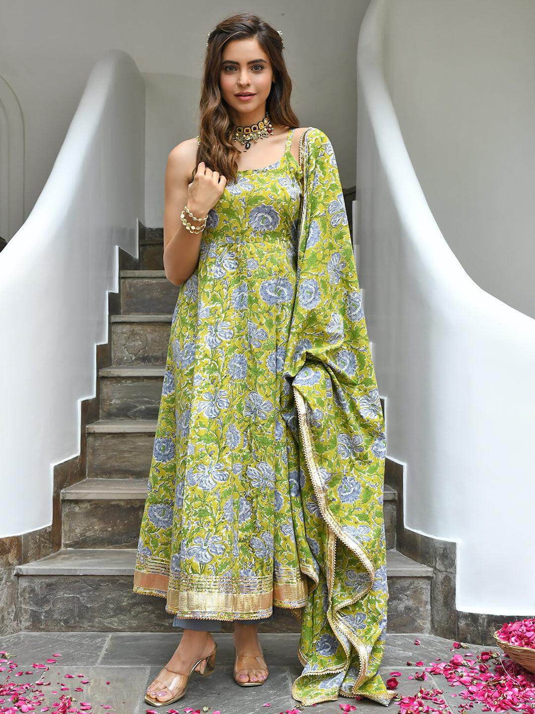 Mustard Cotton Printed Kurta with Pant and Dupatta