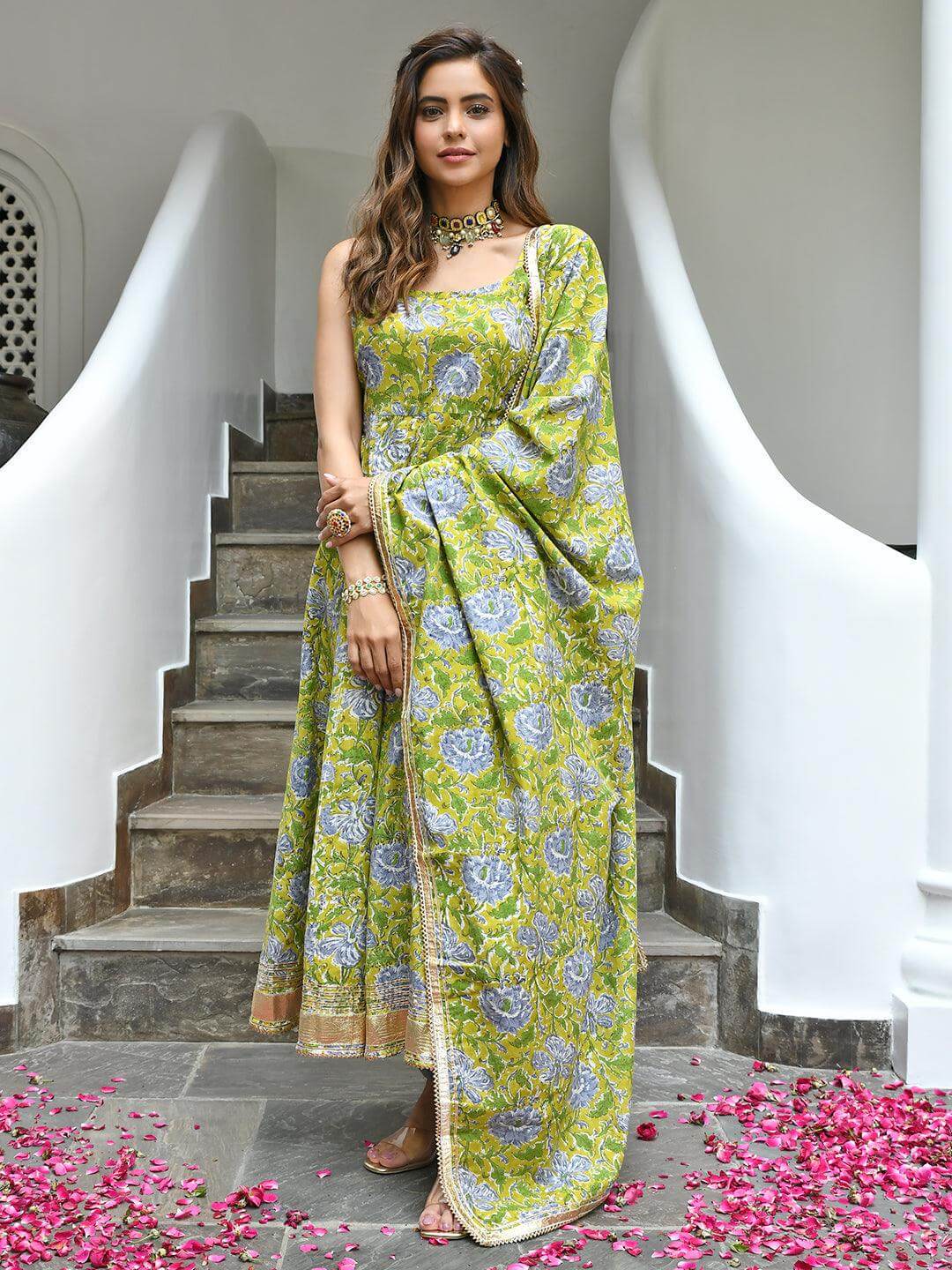 Mustard Cotton Printed Kurta with Pant and Dupatta