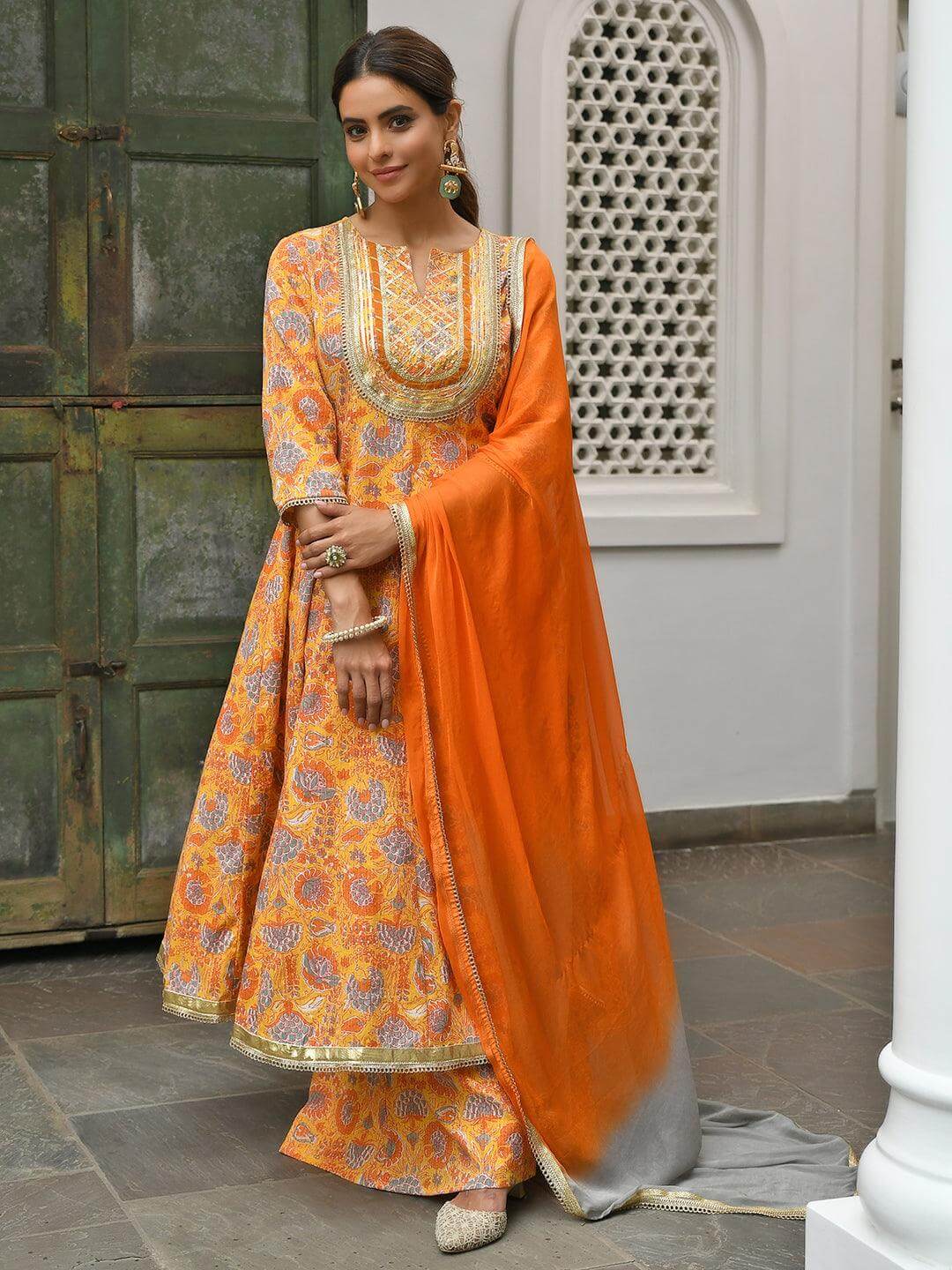 Mustard Cotton Embroidered Kurta with Palazzo and Dupatta