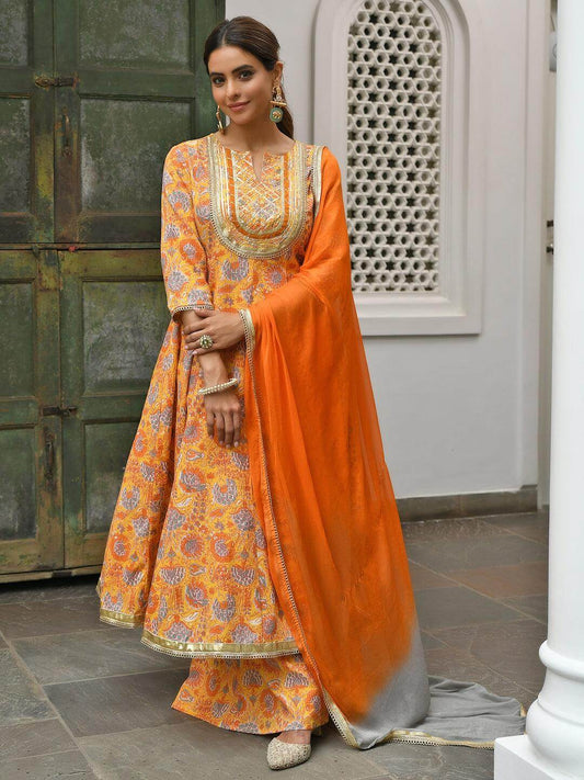 Mustard Cotton Embroidered Kurta with Palazzo and Dupatta