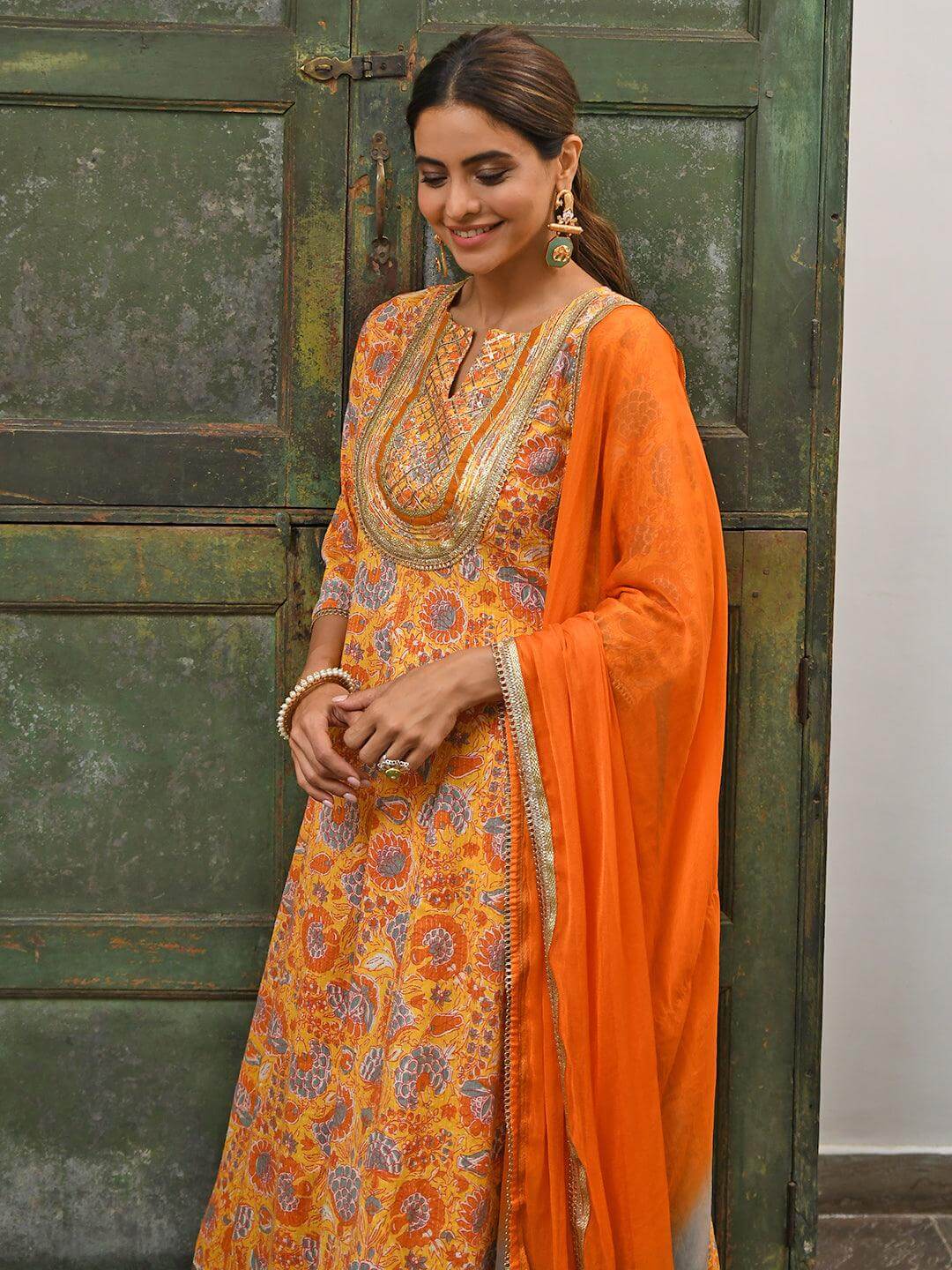 Mustard Cotton Embroidered Kurta with Palazzo and Dupatta