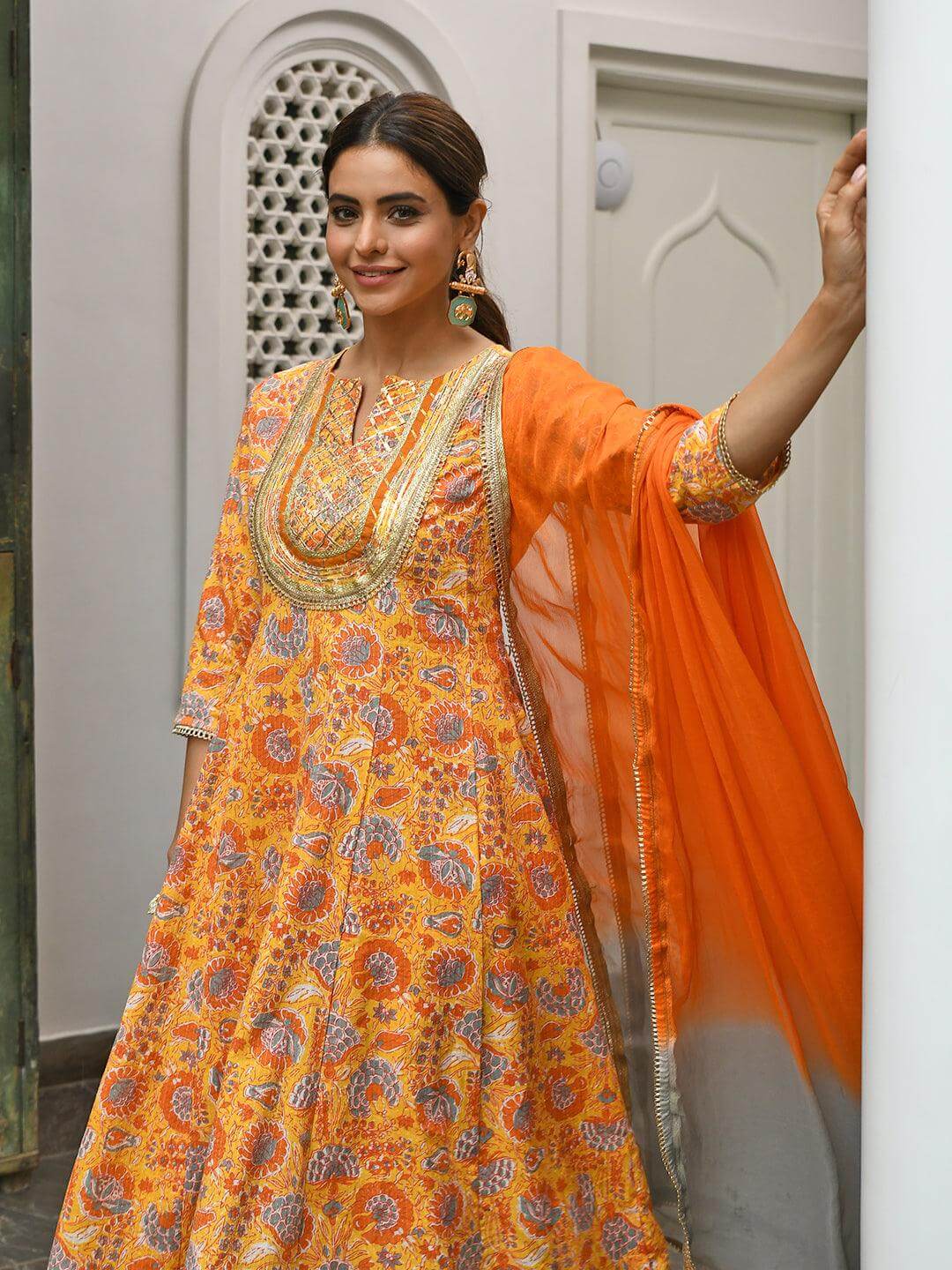 Mustard Cotton Embroidered Kurta with Palazzo and Dupatta