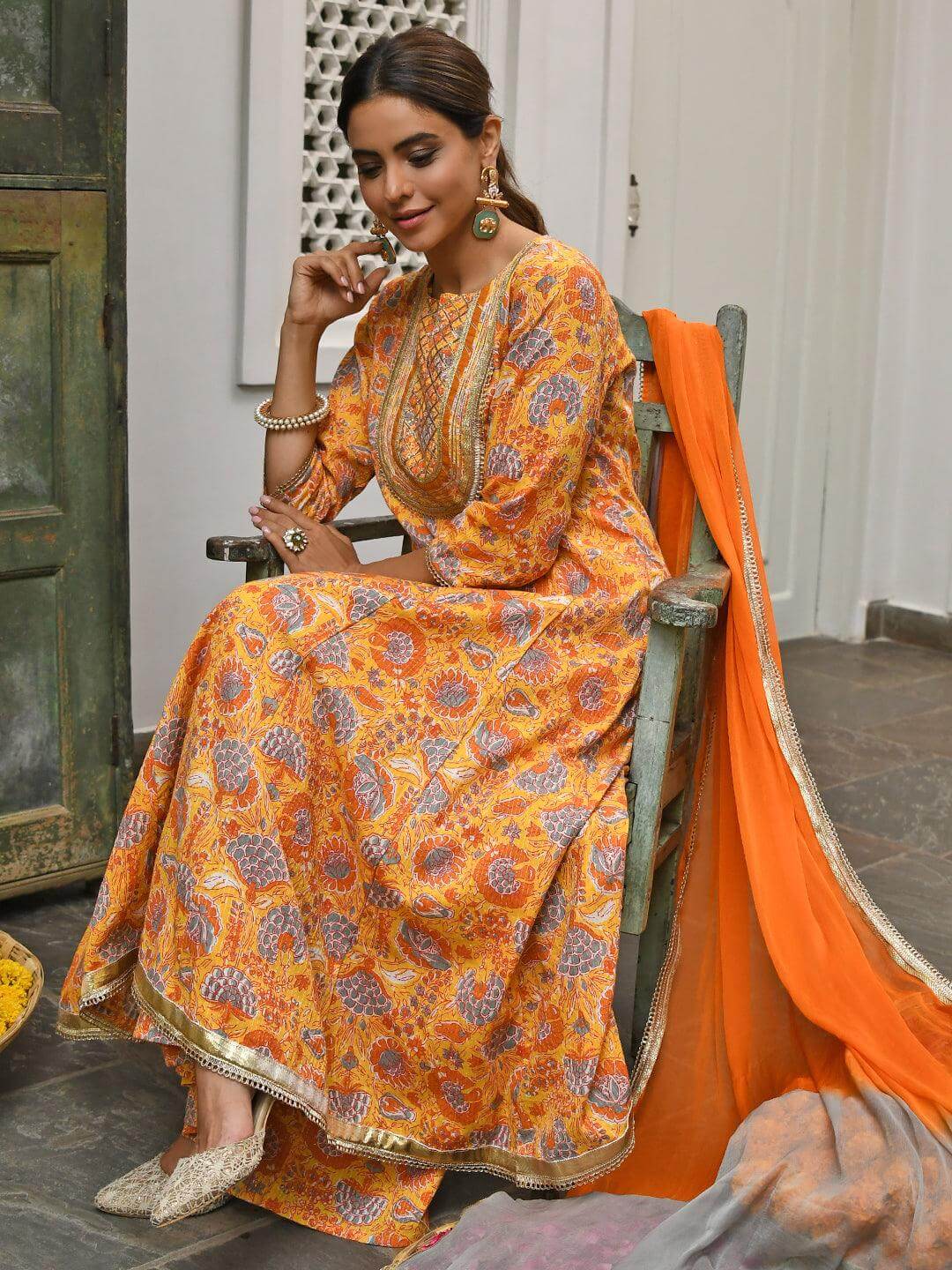 Mustard Cotton Embroidered Kurta with Palazzo and Dupatta