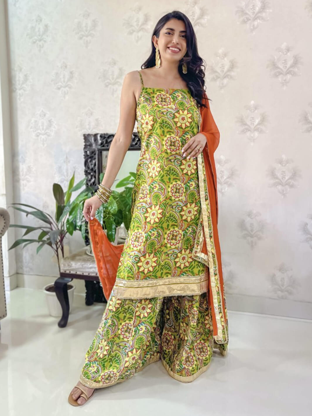 Green Cotton Floral Block Print Kurta with Palazzo and Dupatta