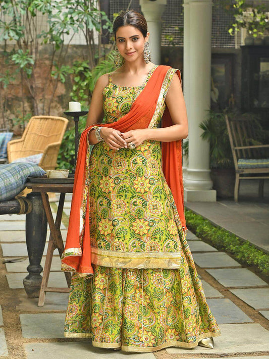 Green Cotton Floral Block Print Kurta with Palazzo and Dupatta