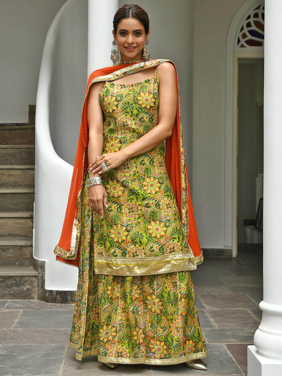 Green Cotton Floral Block Print Kurta with Palazzo and Dupatta