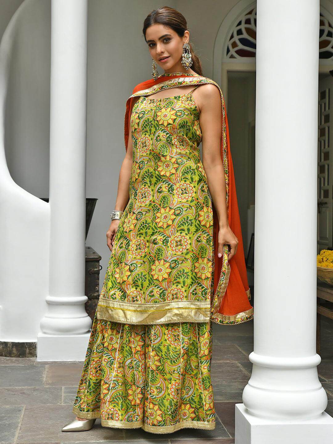 Green Cotton Floral Block Print Kurta with Palazzo and Dupatta