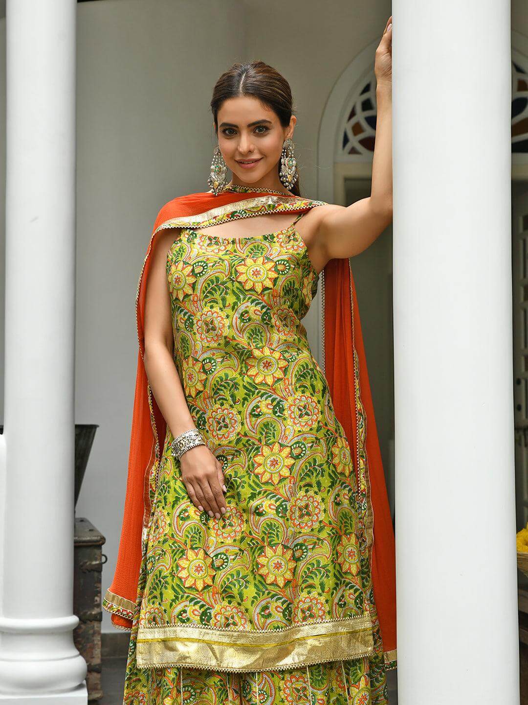Green Cotton Floral Block Print Kurta with Palazzo and Dupatta