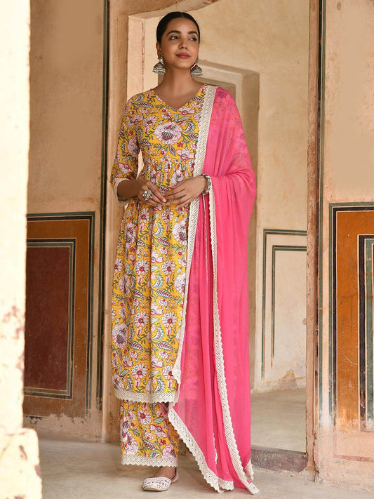 Yellow Cotton Floral Print Kurta with Palazzo and Dupatta