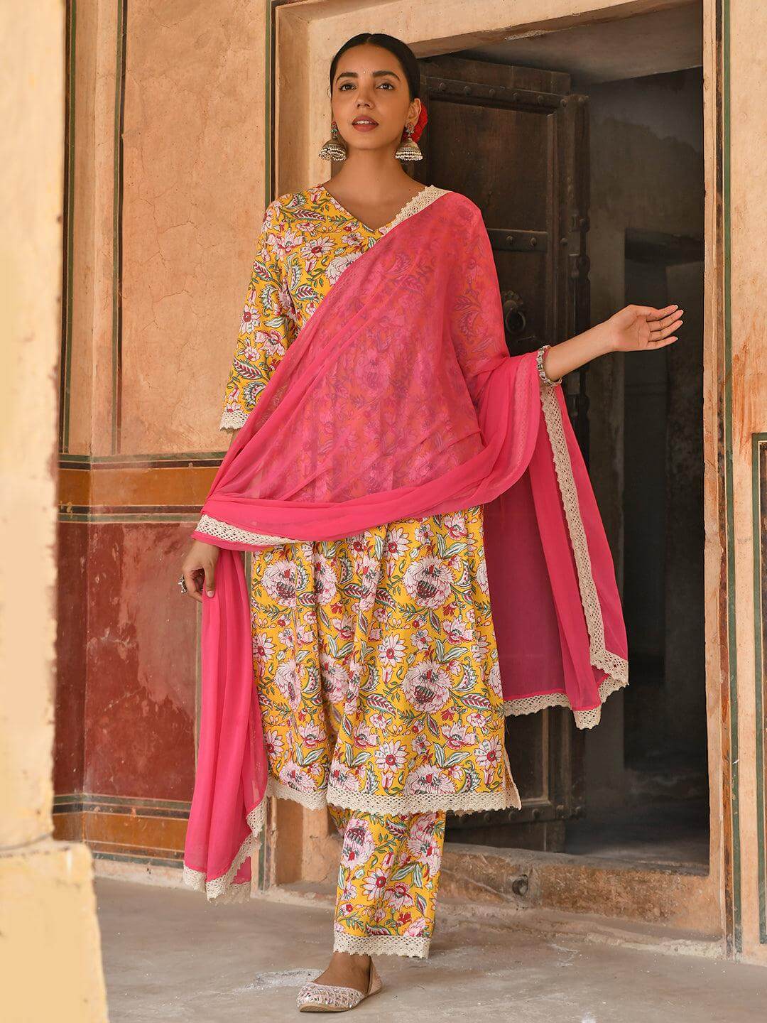 Yellow Cotton Floral Print Kurta with Palazzo and Dupatta
