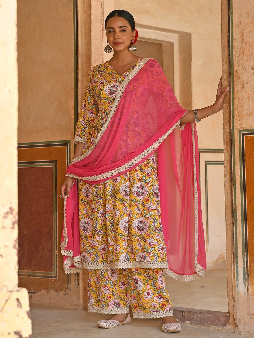 Yellow Cotton Floral Print Kurta with Palazzo and Dupatta