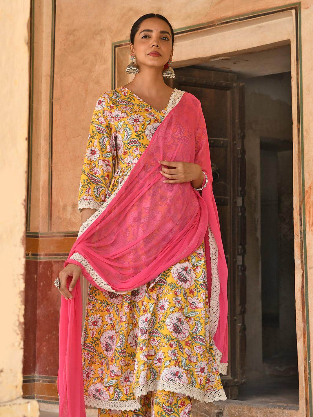 Yellow Cotton Floral Print Kurta with Palazzo and Dupatta