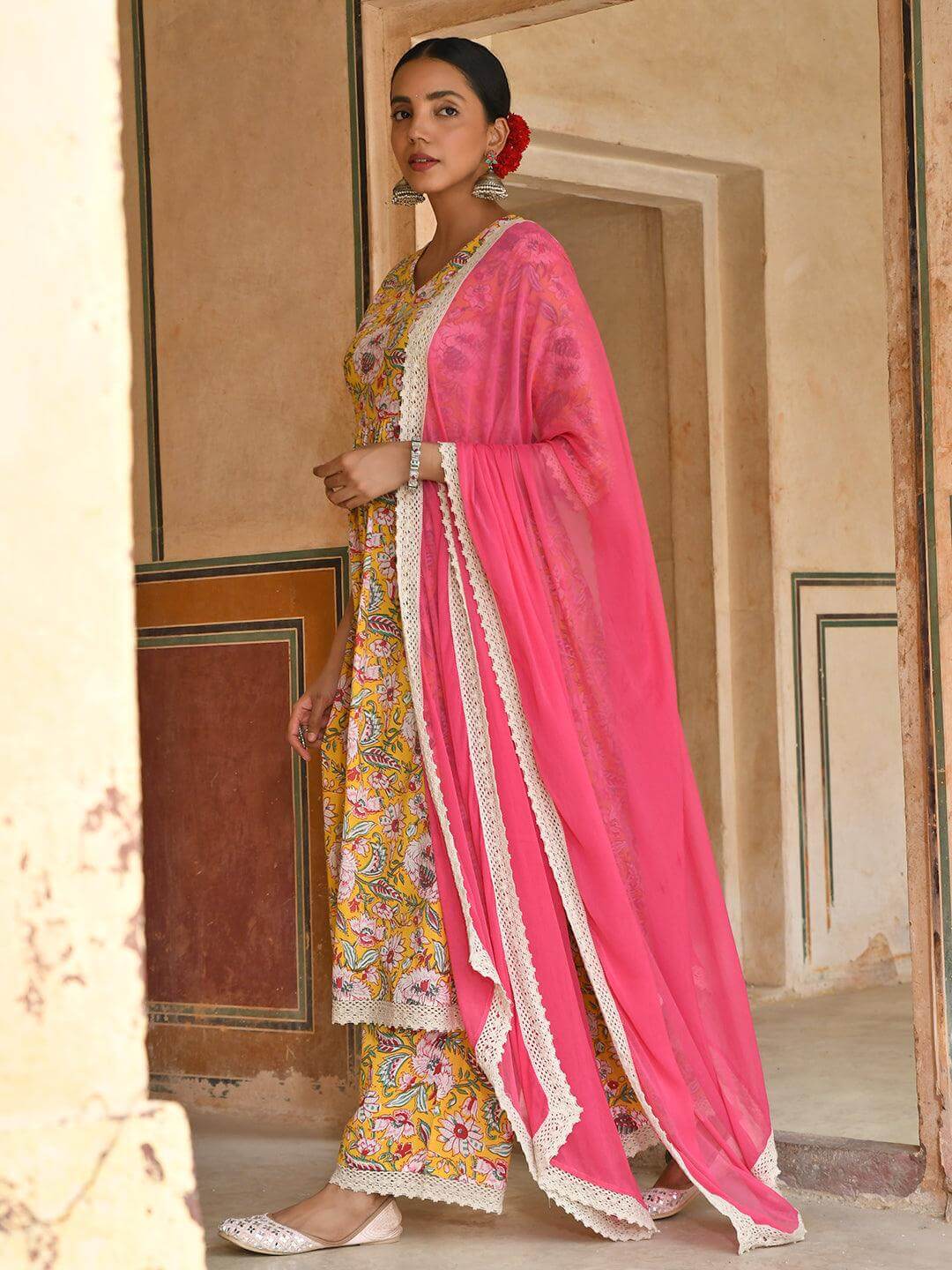 Yellow Cotton Floral Print Kurta with Palazzo and Dupatta