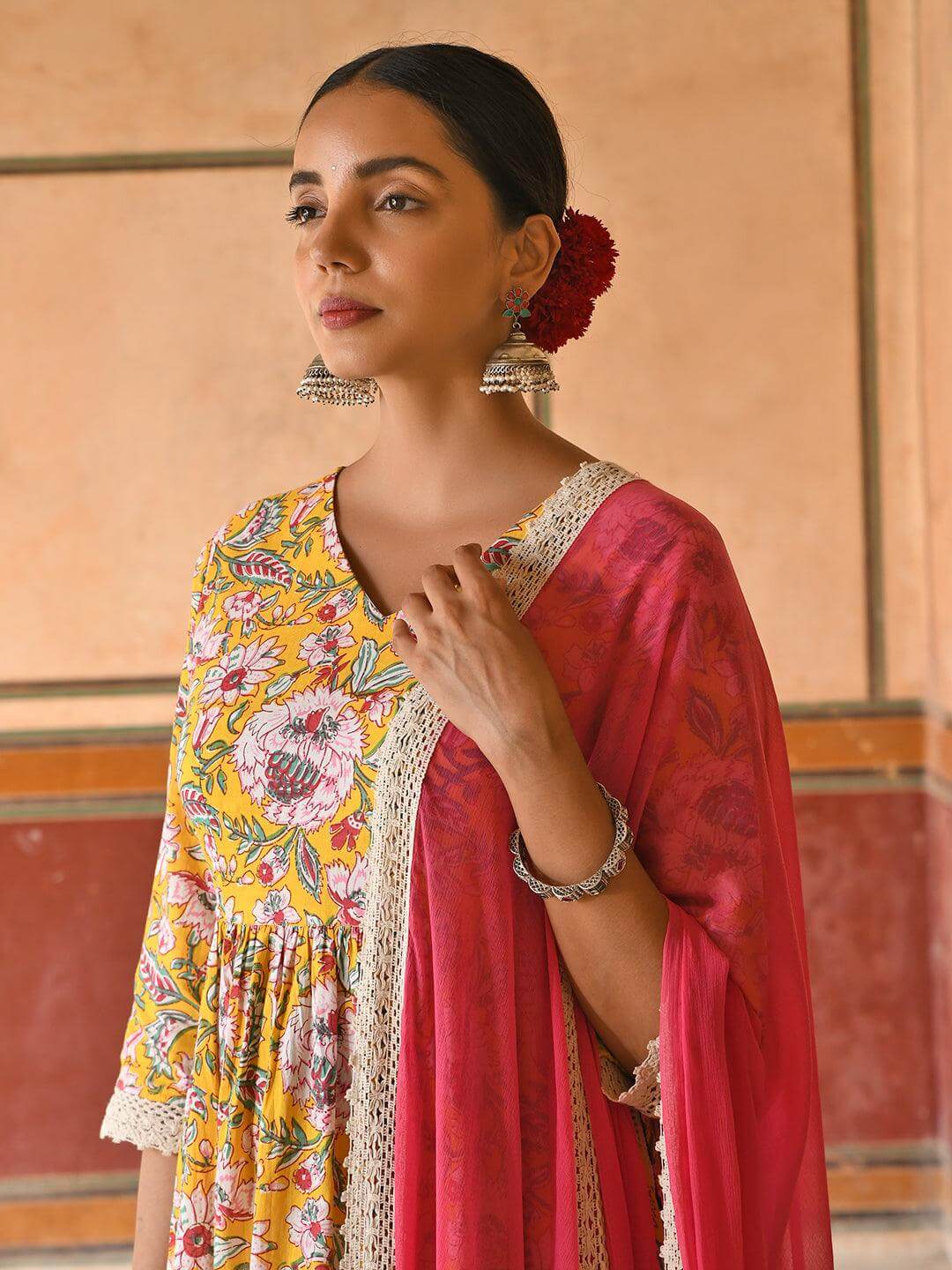 Yellow Cotton Floral Print Kurta with Palazzo and Dupatta