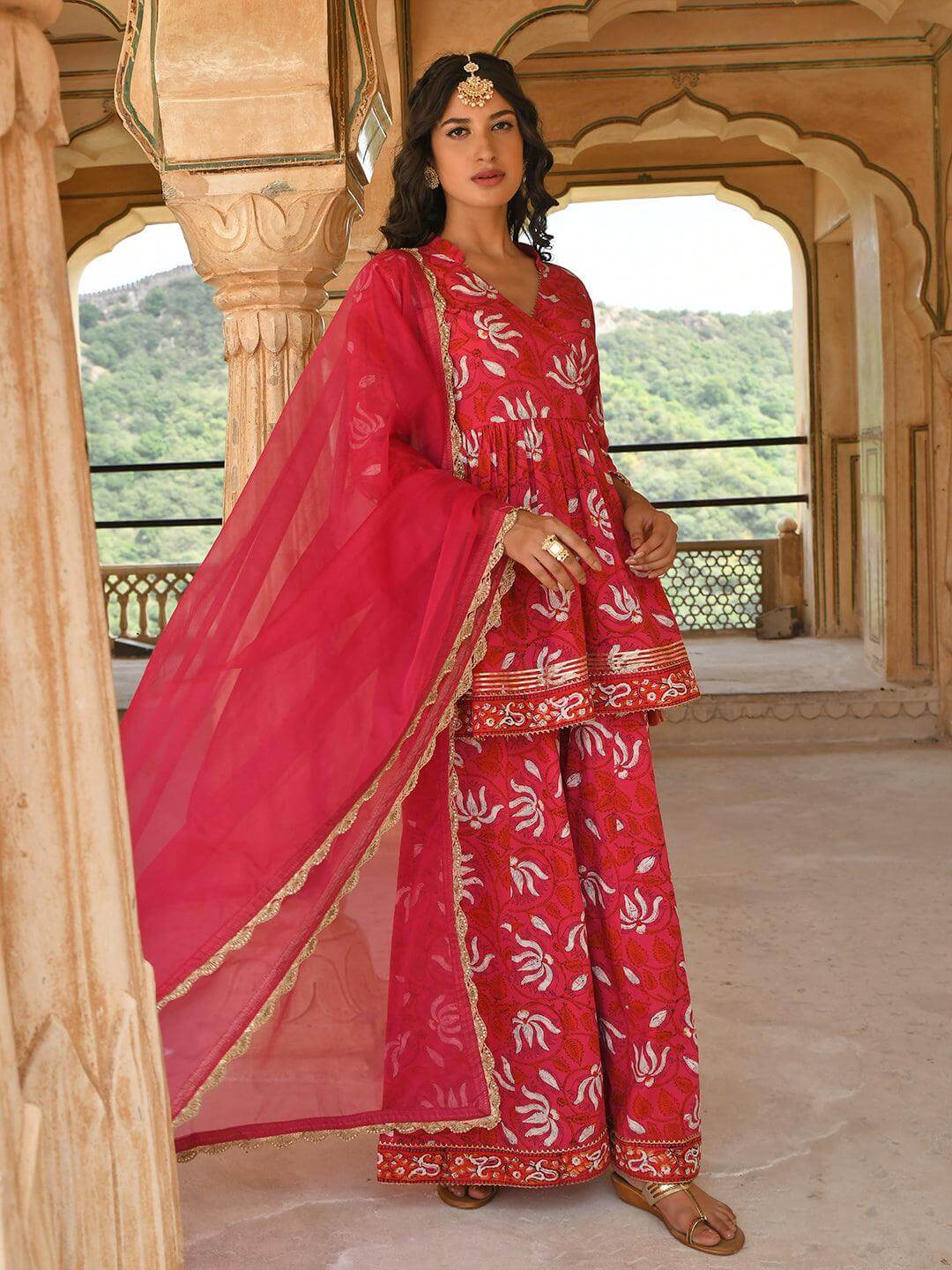 Pink Cotton Floral Block Print Short Kurta with Gharara and Dupatta