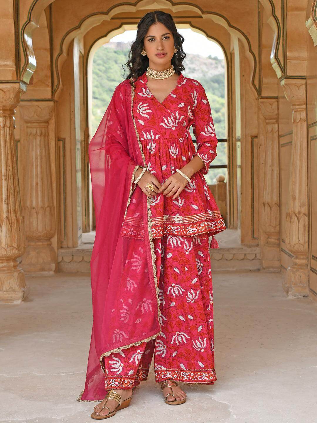 Pink Cotton Floral Block Print Short Kurta with Gharara and Dupatta