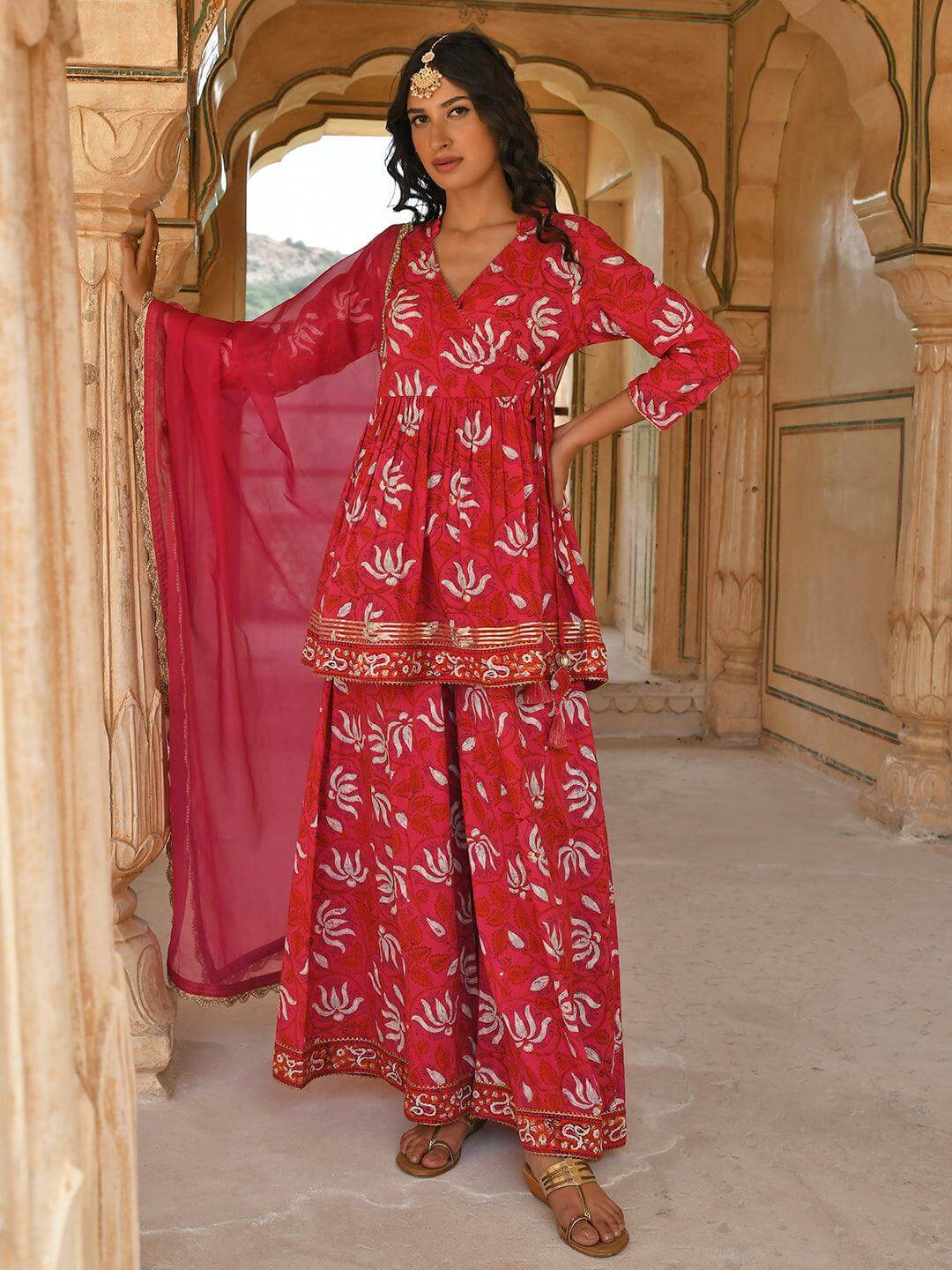 Pink Cotton Floral Block Print Short Kurta with Gharara and Dupatta